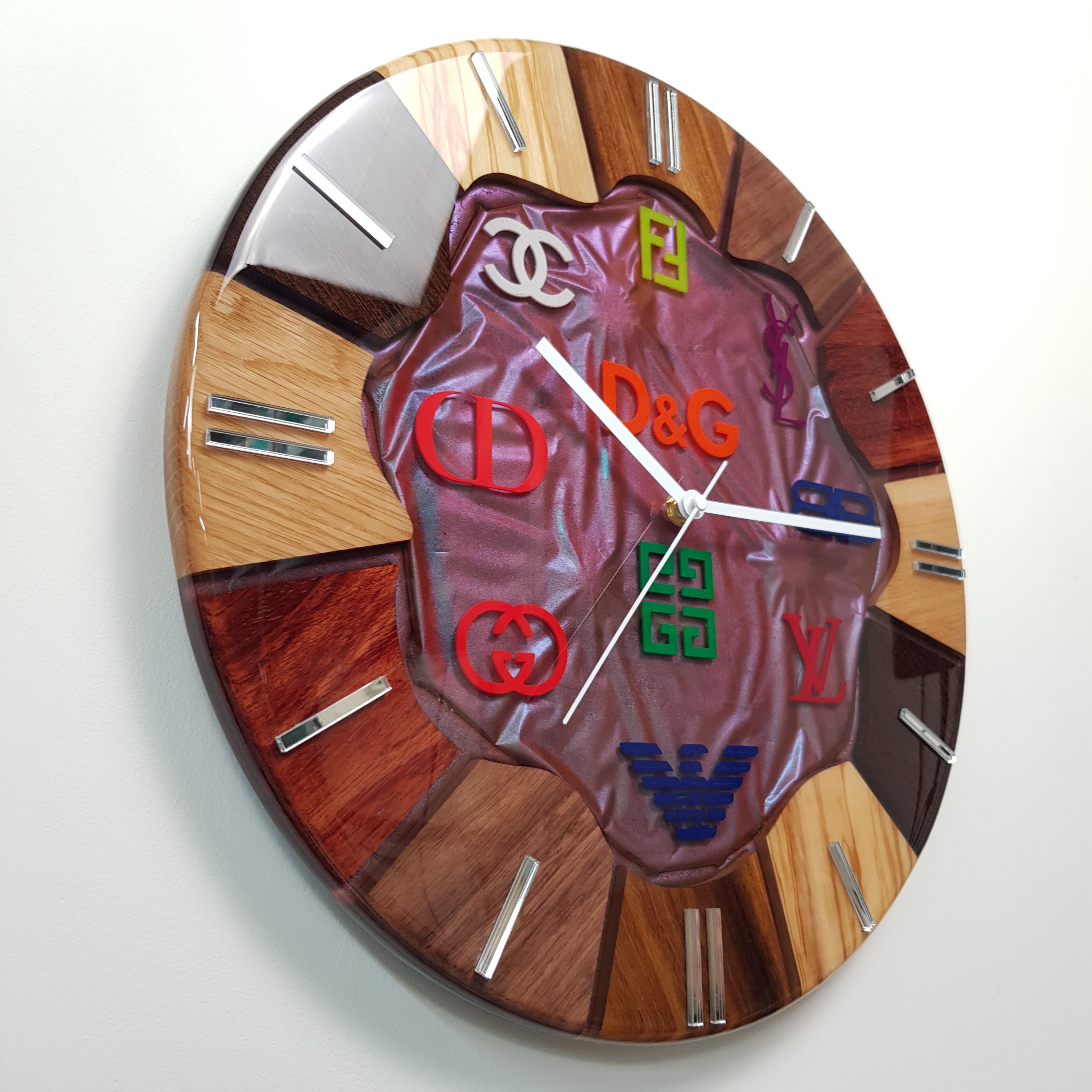 Right-side perspective of the handcrafted wood and resin details