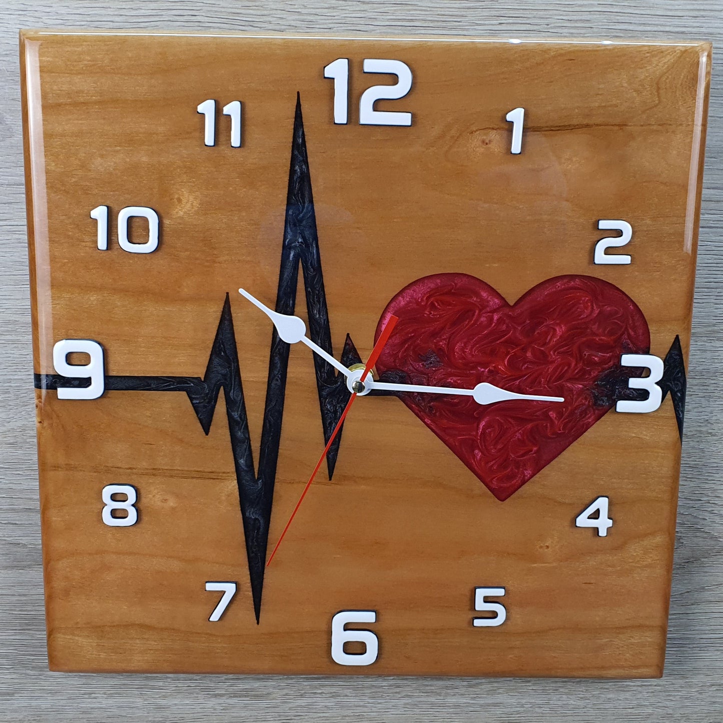 Heartbeat resin and wood wall clock - handmade watch