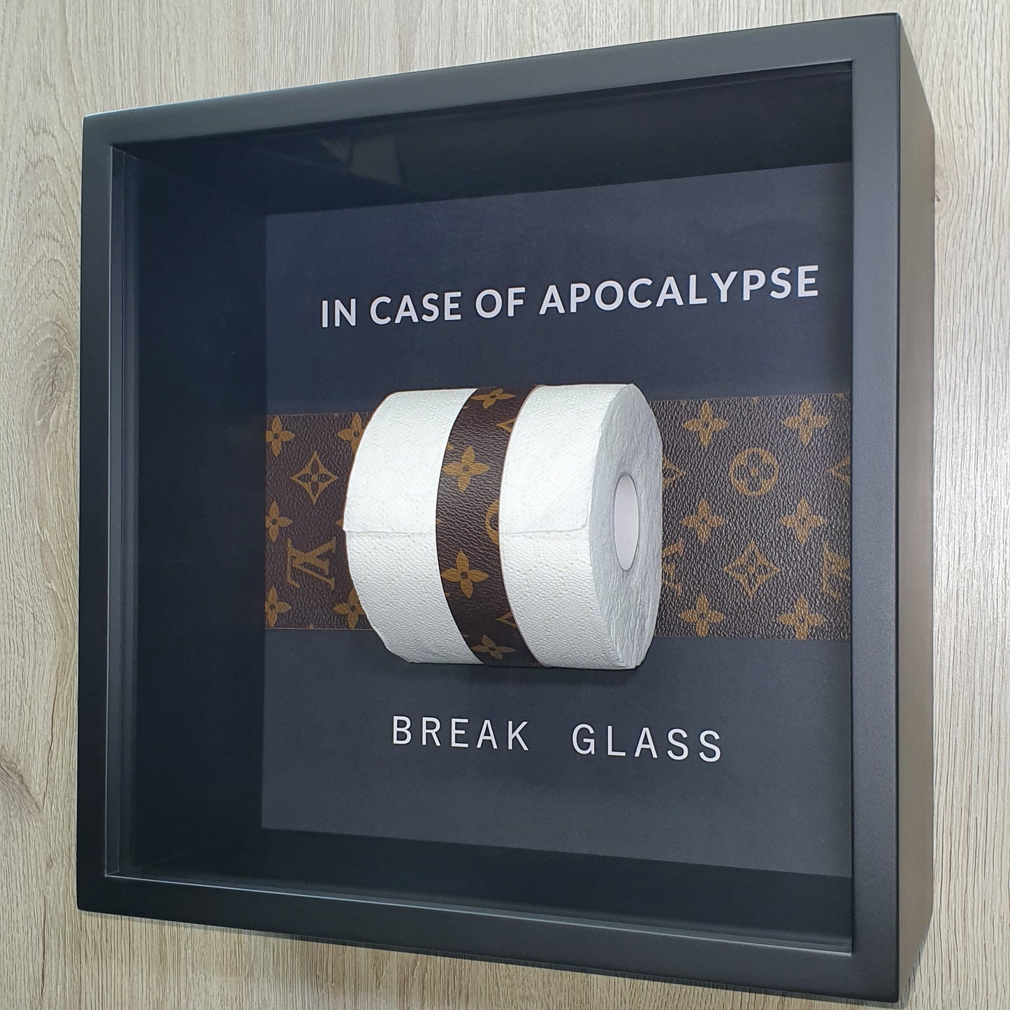 Unique contemporary art piece Priorità – handmade conceptual work with luxury and absurdity theme, angled photo