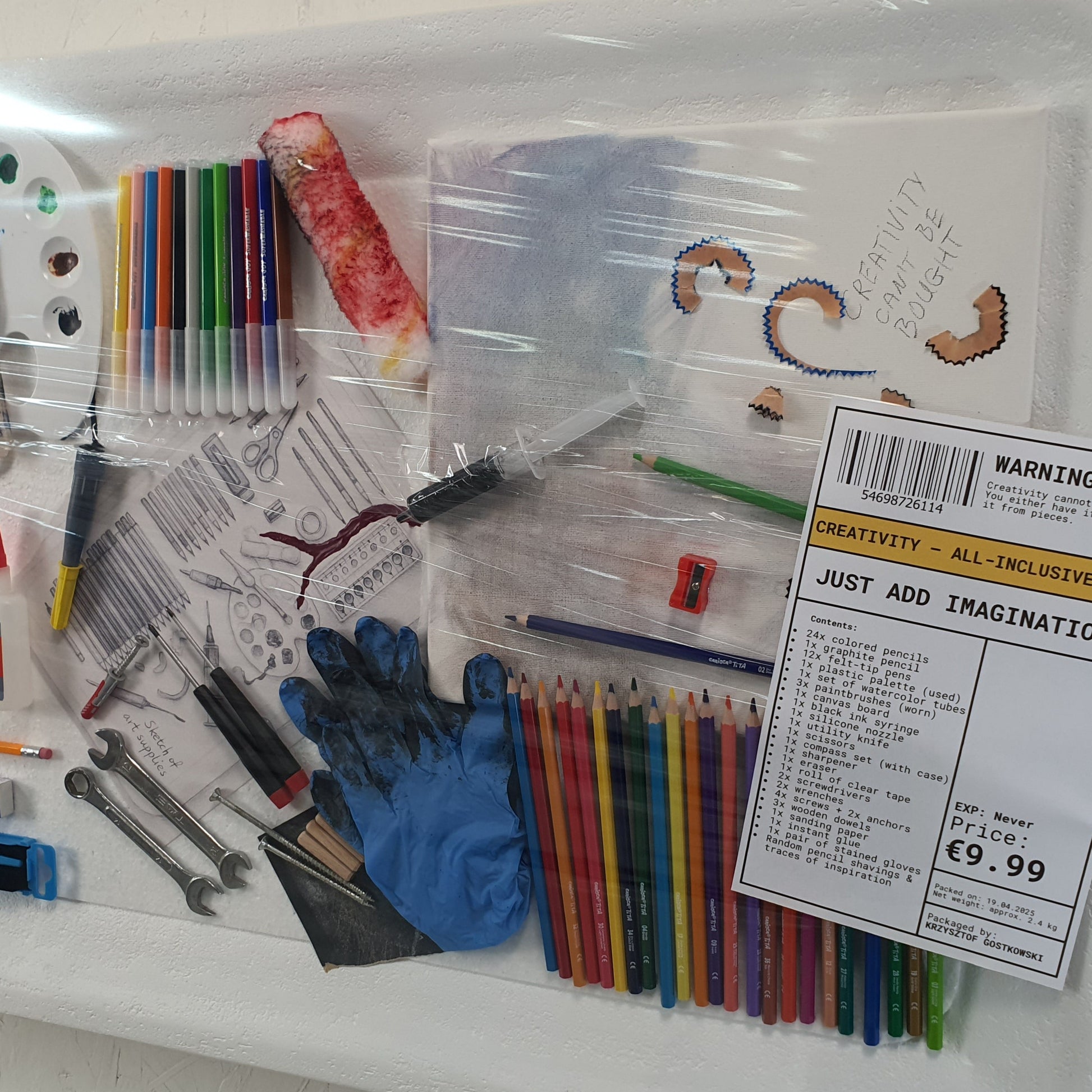Creatività in Offerta resin and mixed media artwork – close-up of packaged creative tools in conceptual blister