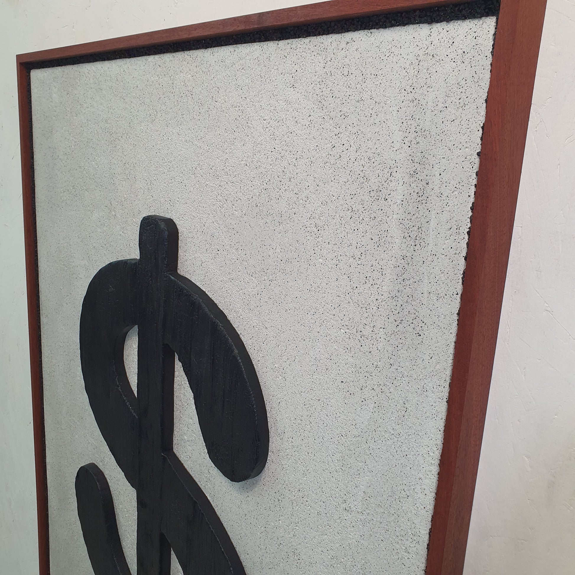 Icona Bruciata contemporary conceptual art – burned dollar sign on wooden frame with certificate of authenticity