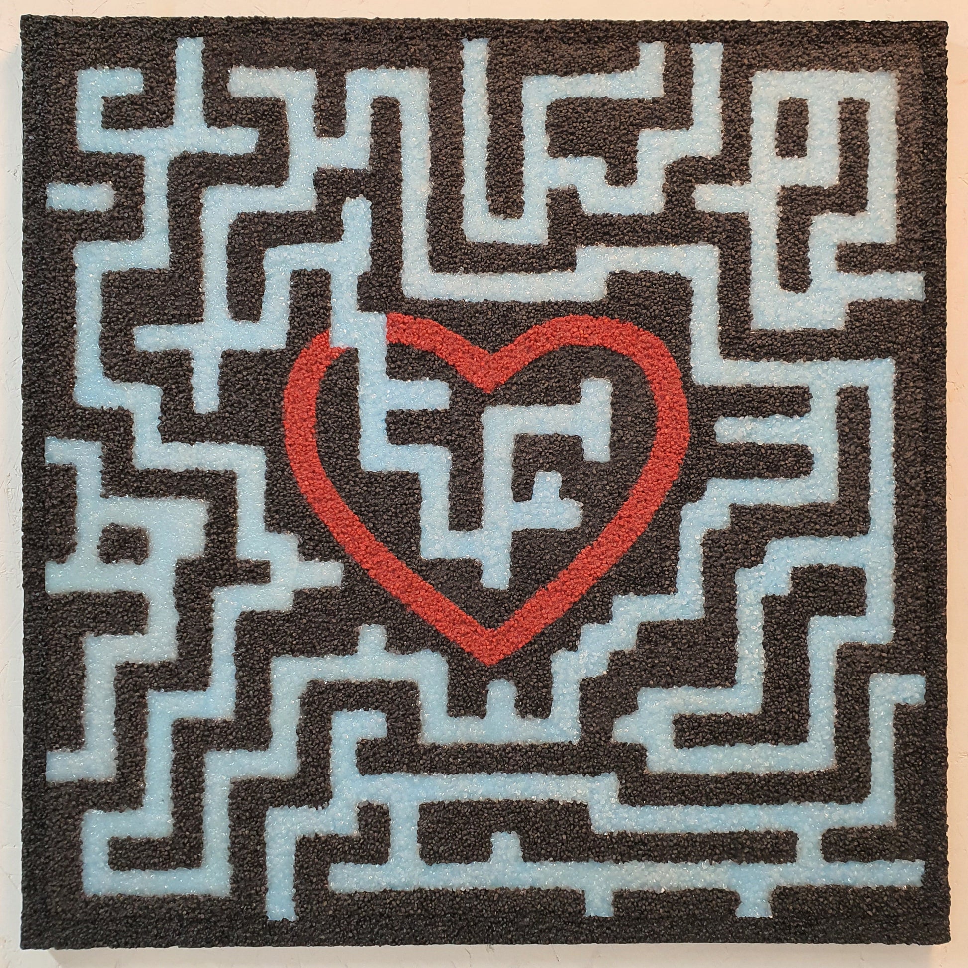 Unique contemporary art piece Trovami – handmade labyrinth installation with fluorescent quartz stones, angled photo