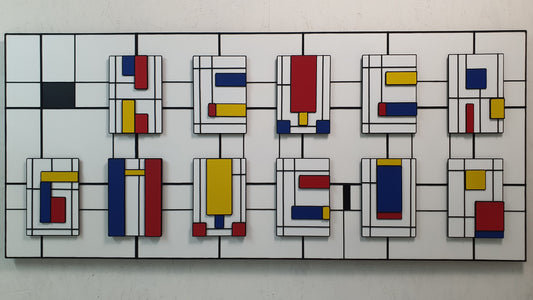 Il Codice Invisibile conceptual artwork – geometric De Stijl inspired composition with colorful blocks, front view