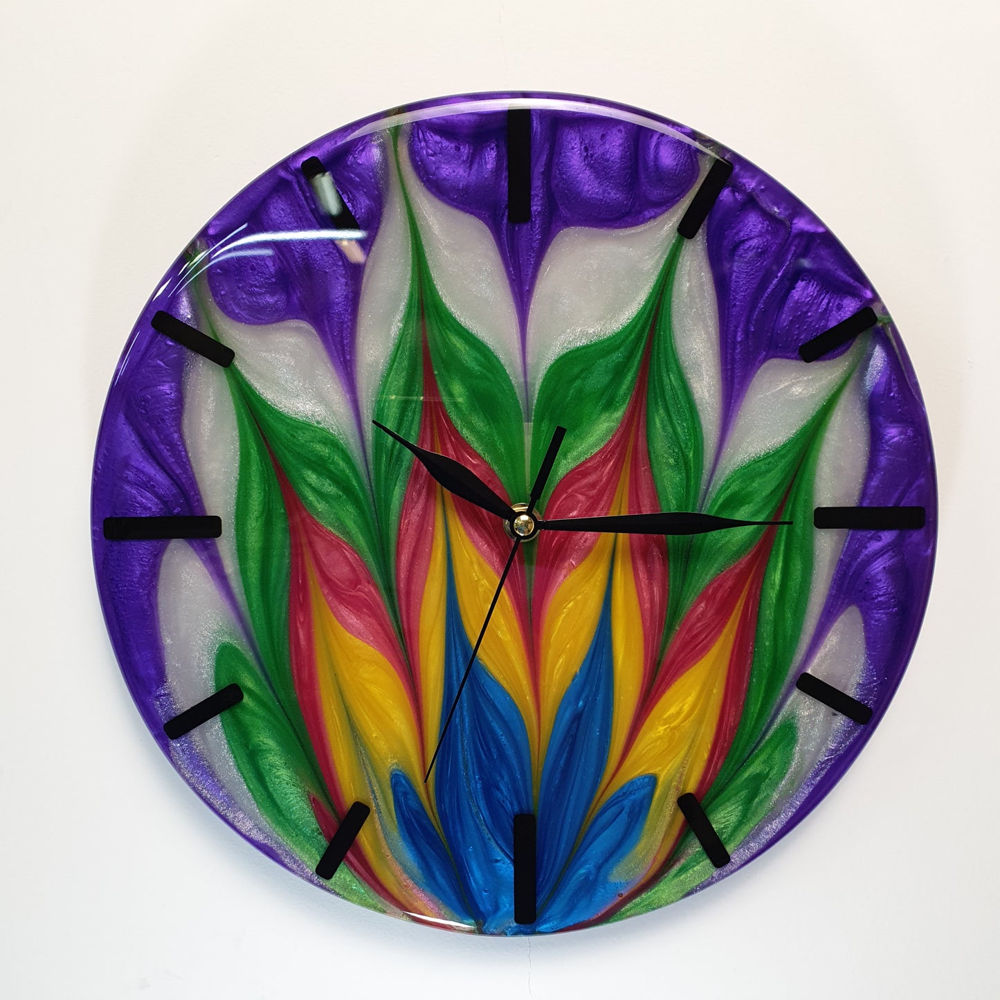 Front view of “Violet Flame” epoxy resin wall clock – full clock image
