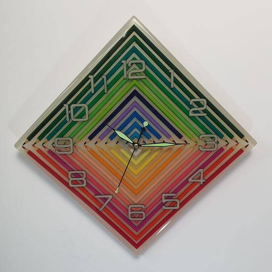 Front view of rainbow geometric epoxy wall clock with glow-in-the-dark hands
