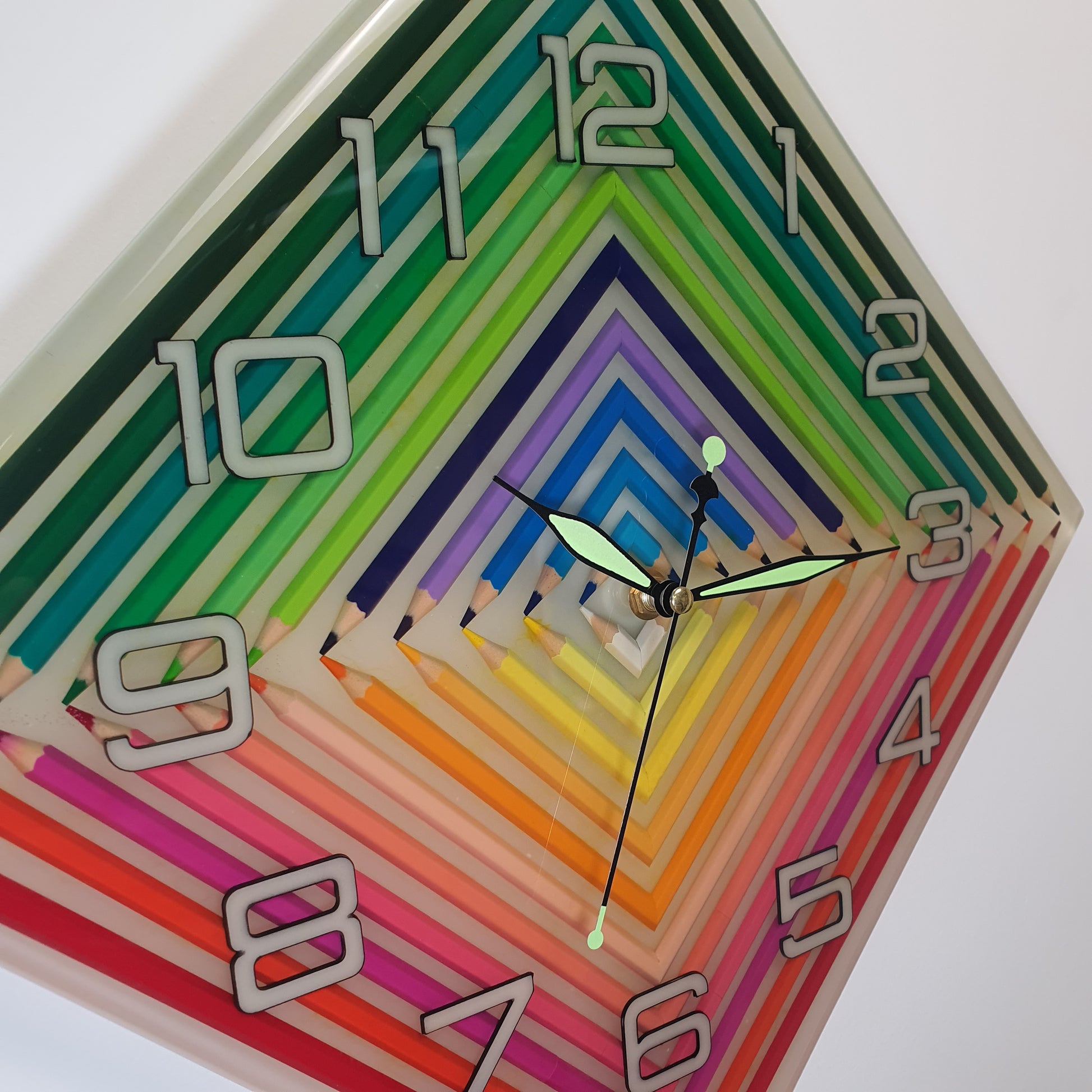 Close-up of the corner and colorful layers of the epoxy wall clock