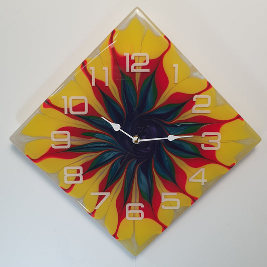 Front view of the Abstract Time – Spiral Bloom clock hanging on a white wall