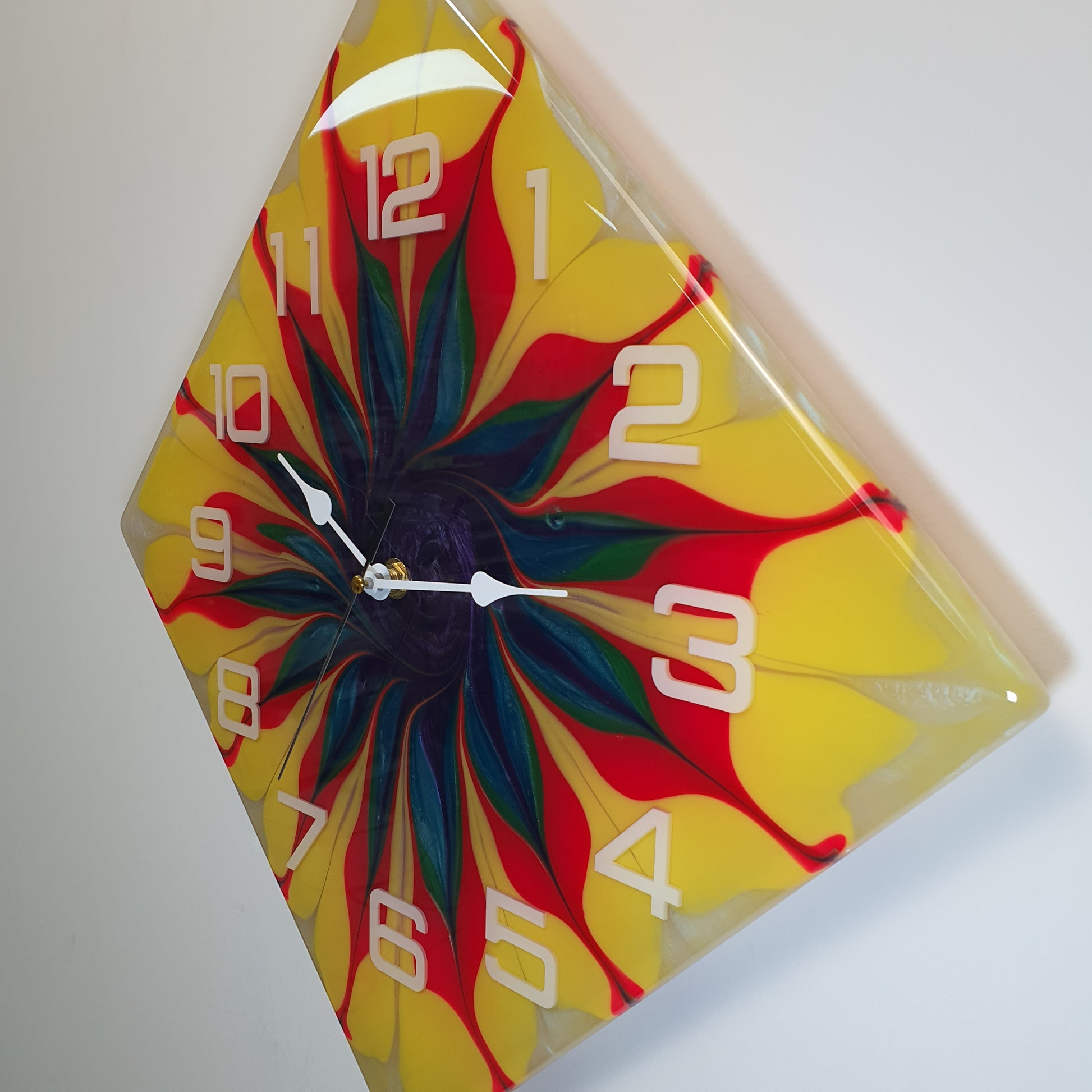 Right side view of the Spiral Bloom clock – glossy resin edges and color details
