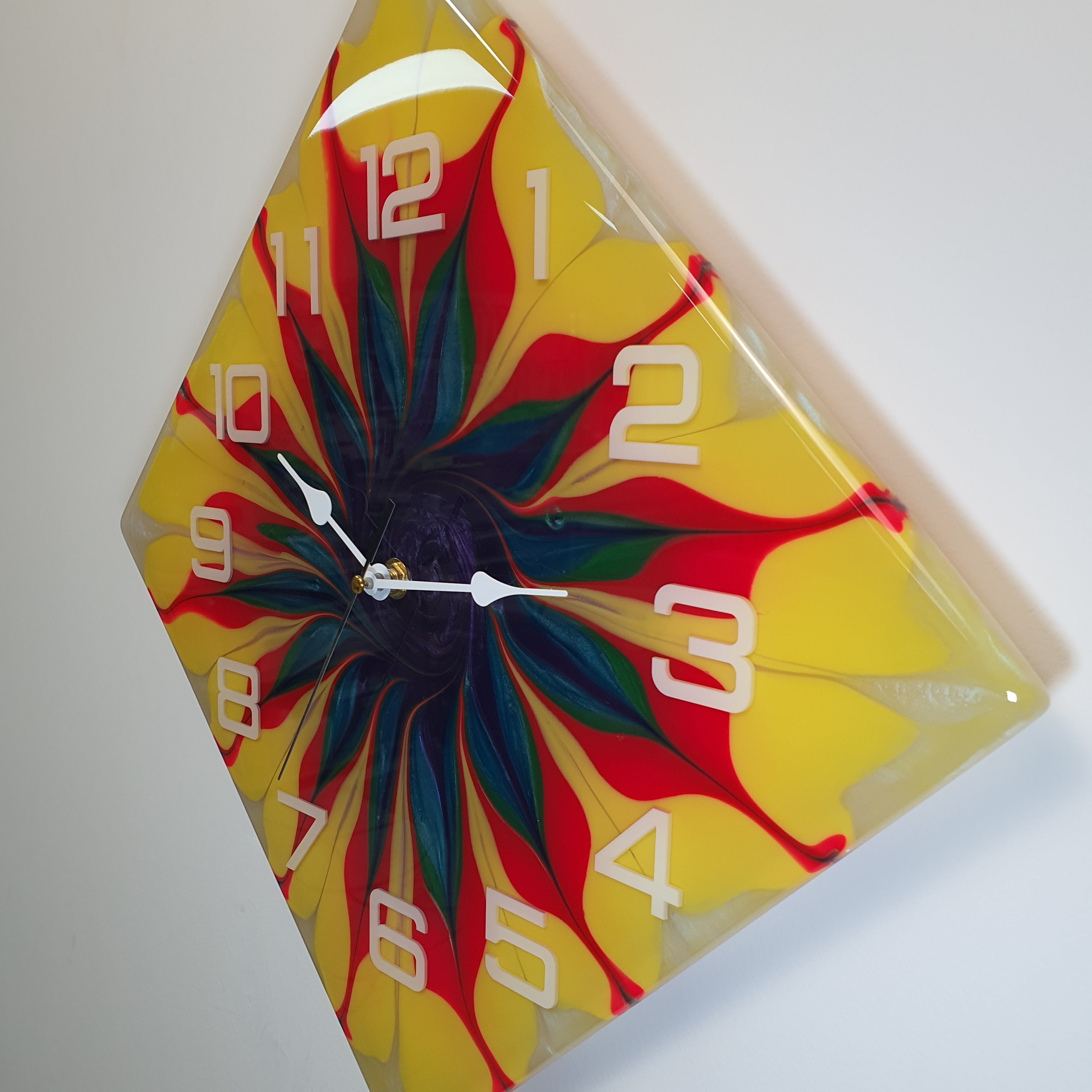 Right side view of the Spiral Bloom clock – glossy resin edges and color details