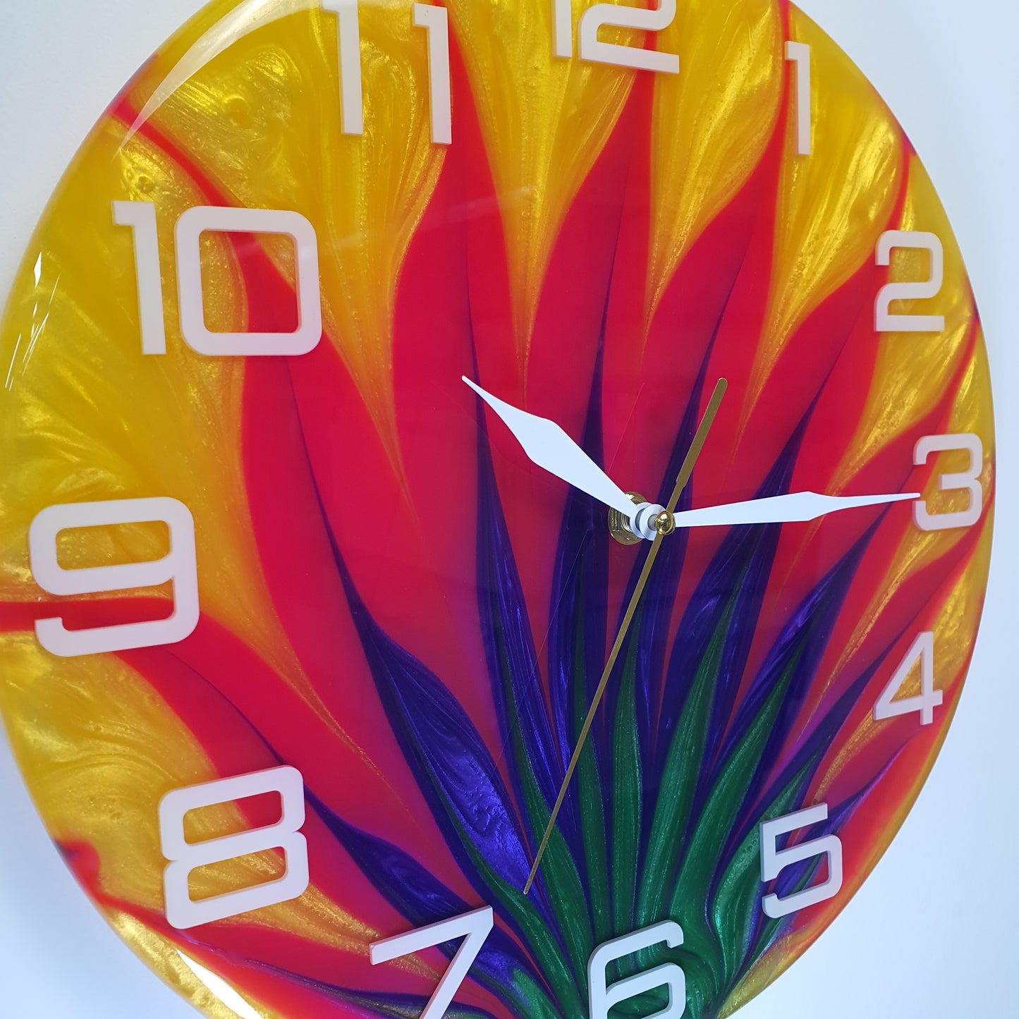 Close-up of the epoxy surface revealing dynamic colors and flowing texture