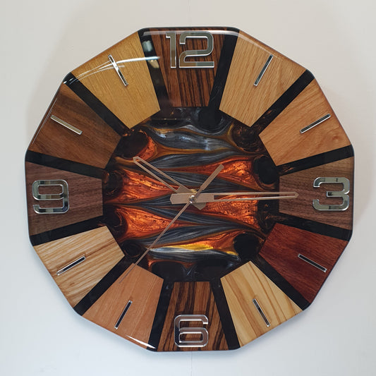 Front view of the Wood Line – Fire Core Circle wall clock hanging on a white wall