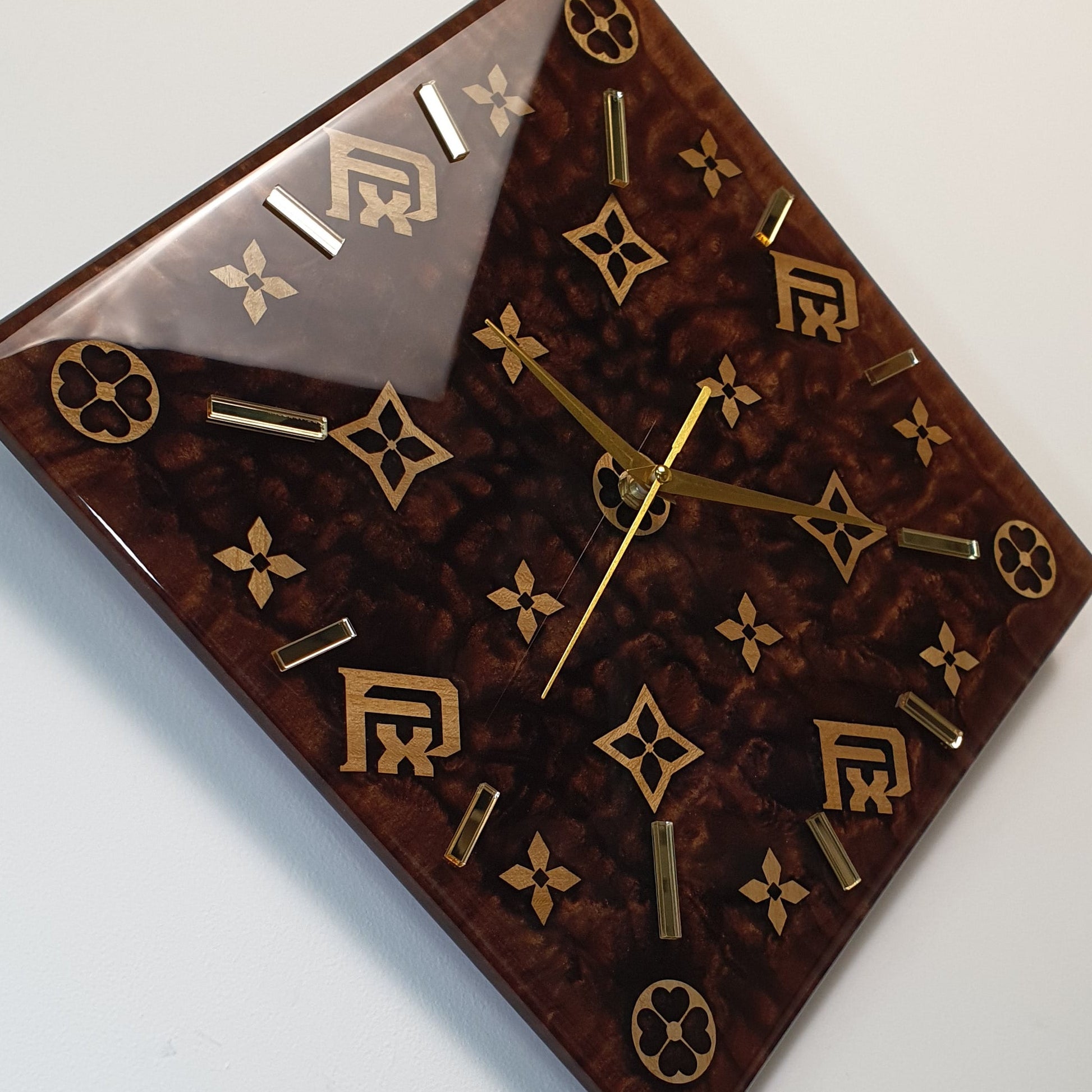 Close-up detail of the handcrafted wooden symbols embedded in resin, revealing the depth and shine of FxPattern No.1.