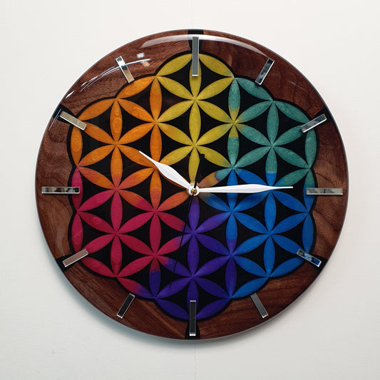 Handmade epoxy resin wall clock “Circular Energy” with mirrored plexiglass markers and black walnut wood frame