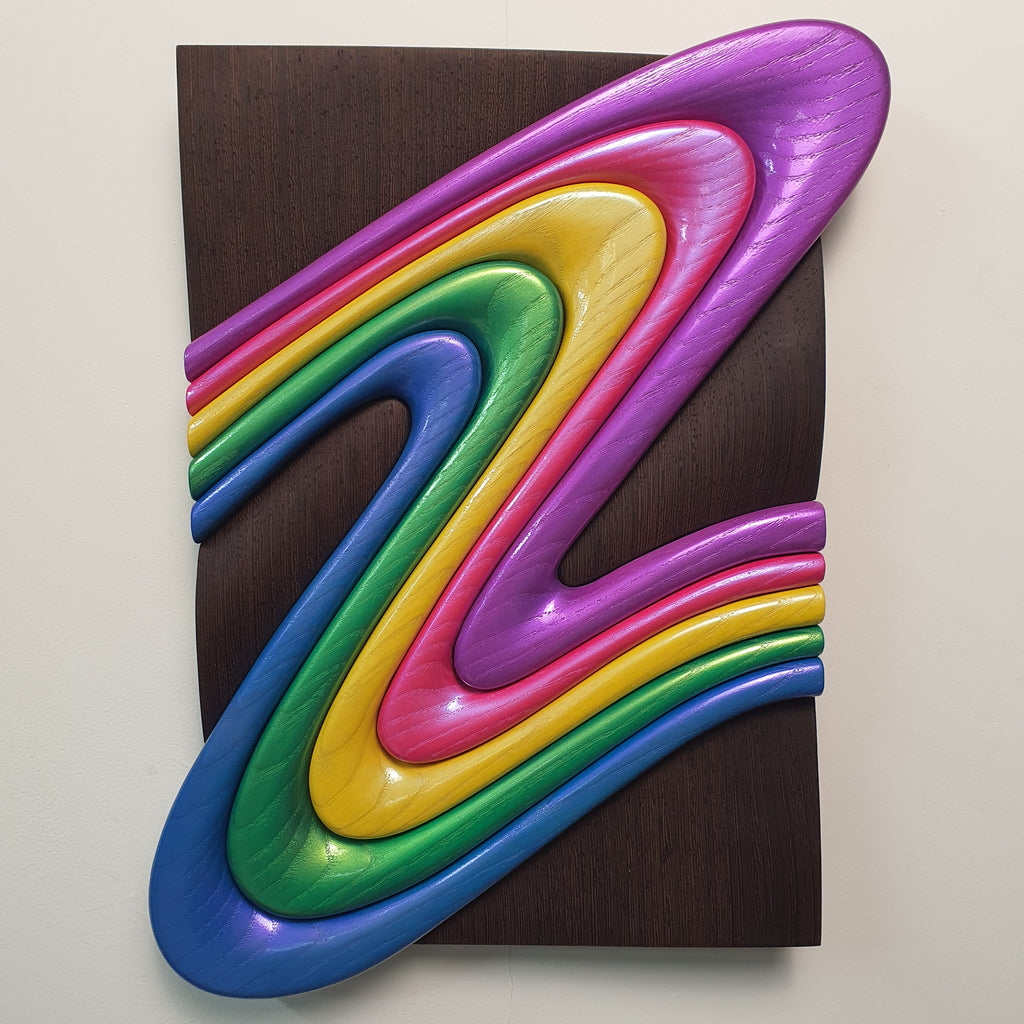 Z Frozen Motion wooden wall sculpture front view ash waves on wenge base