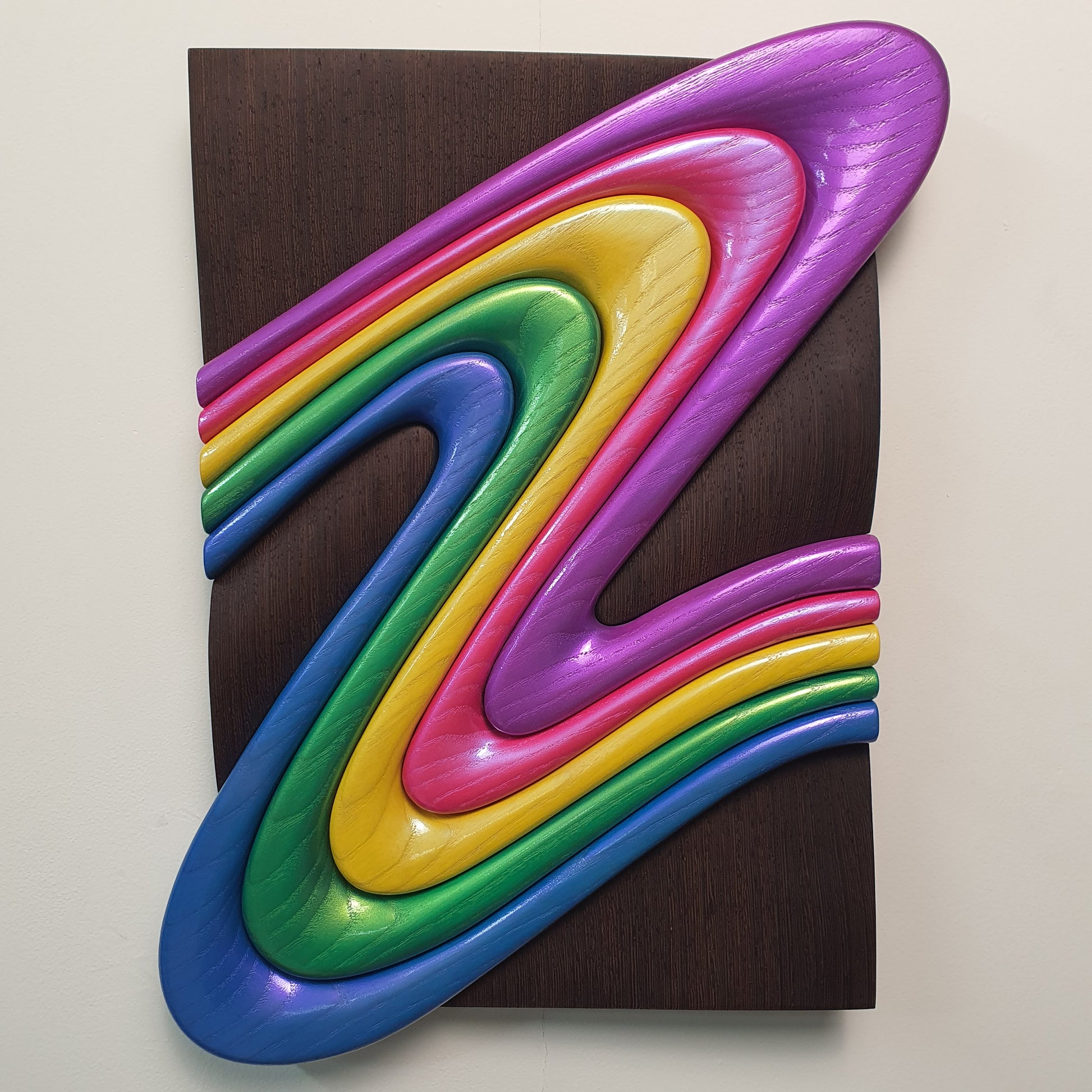 Z Frozen Motion wooden wall sculpture front view ash waves on wenge base