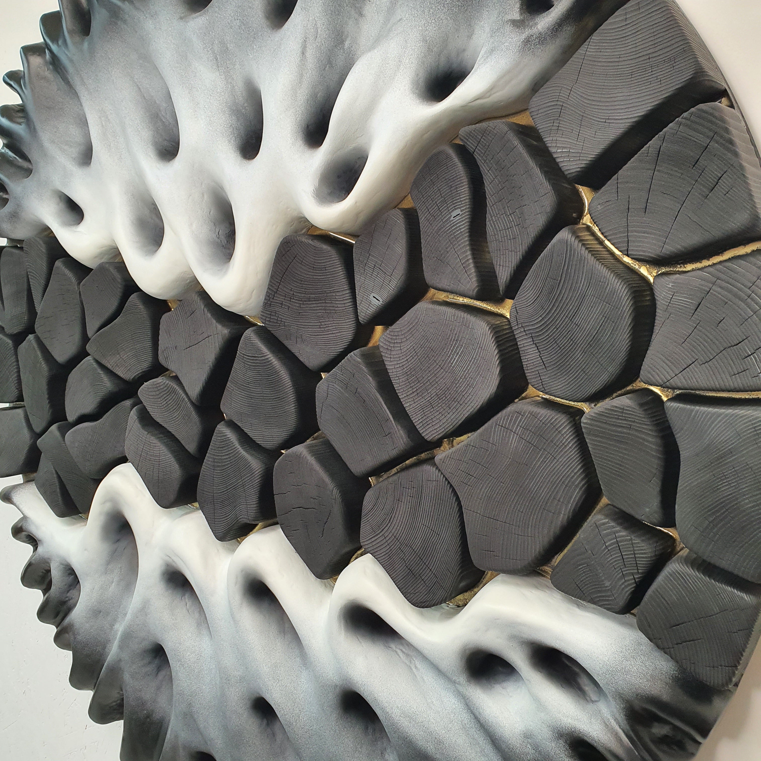 Detailed view of organic white and black sculpted surface with depth and shadows