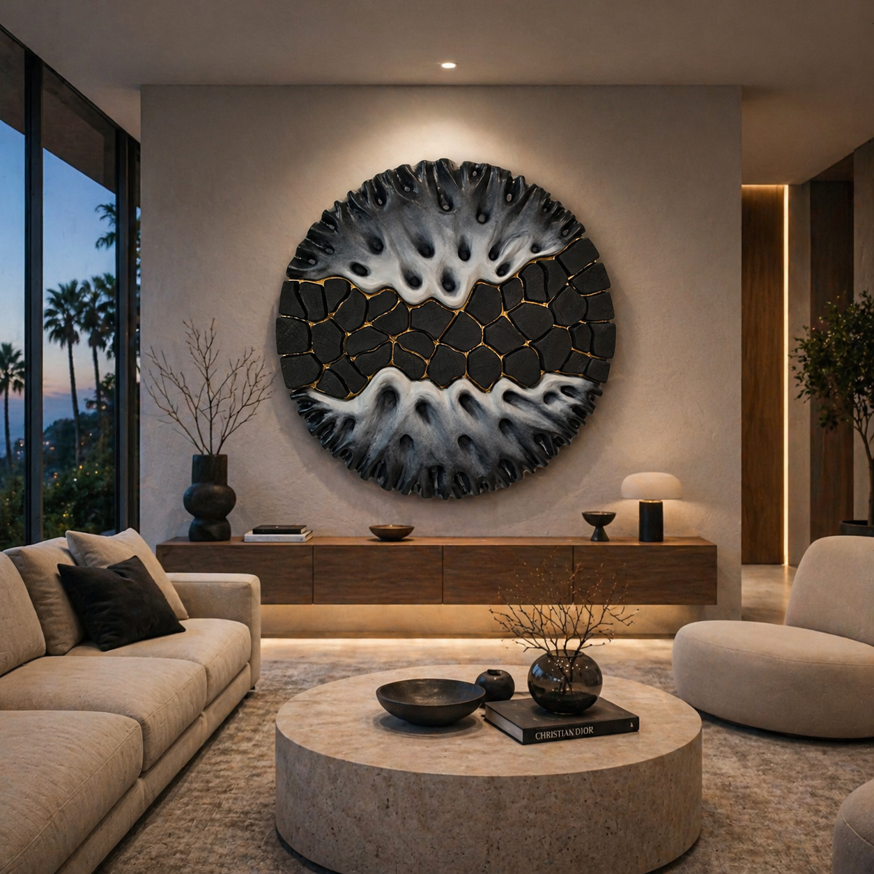 Modern wall sculpture Equilibrio Spezzato displayed in luxury living room interior