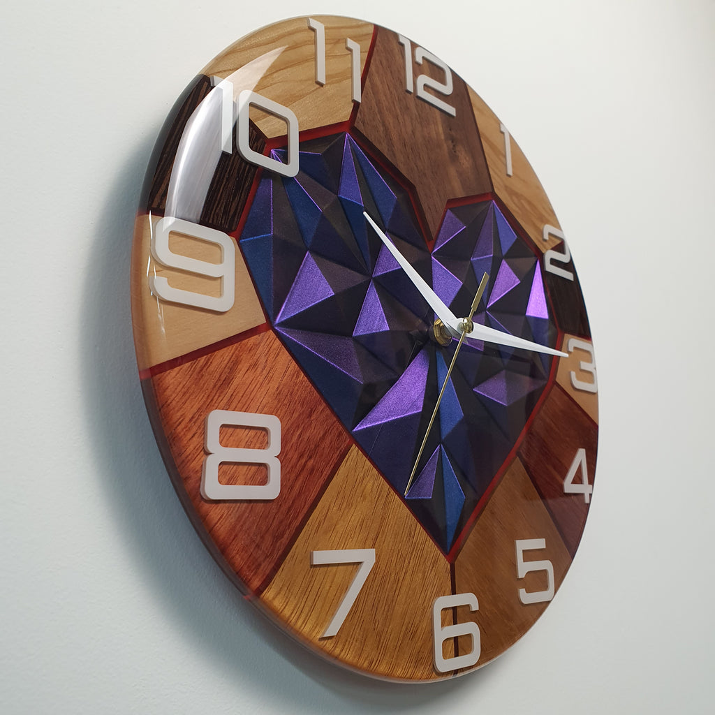 Handcrafted epoxy resin wall clock with multi-wood design and 3D chameleon heart center