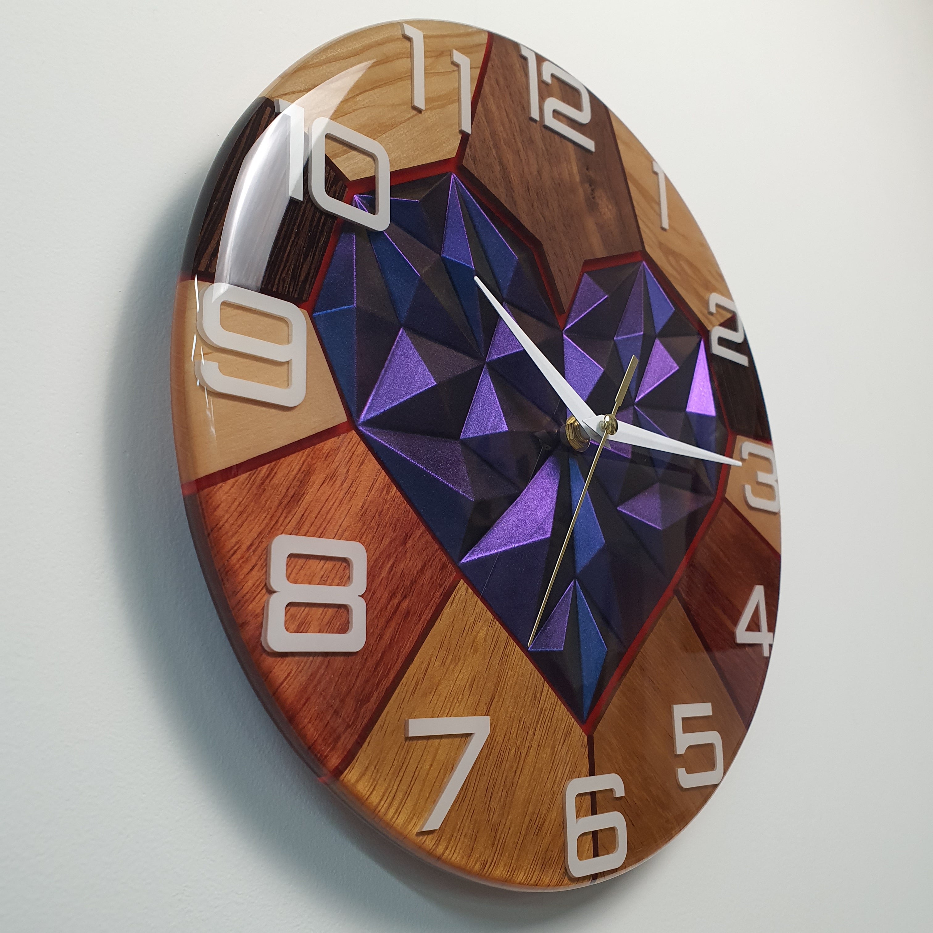 Handcrafted epoxy resin wall clock with multi-wood design and 3D chameleon heart center