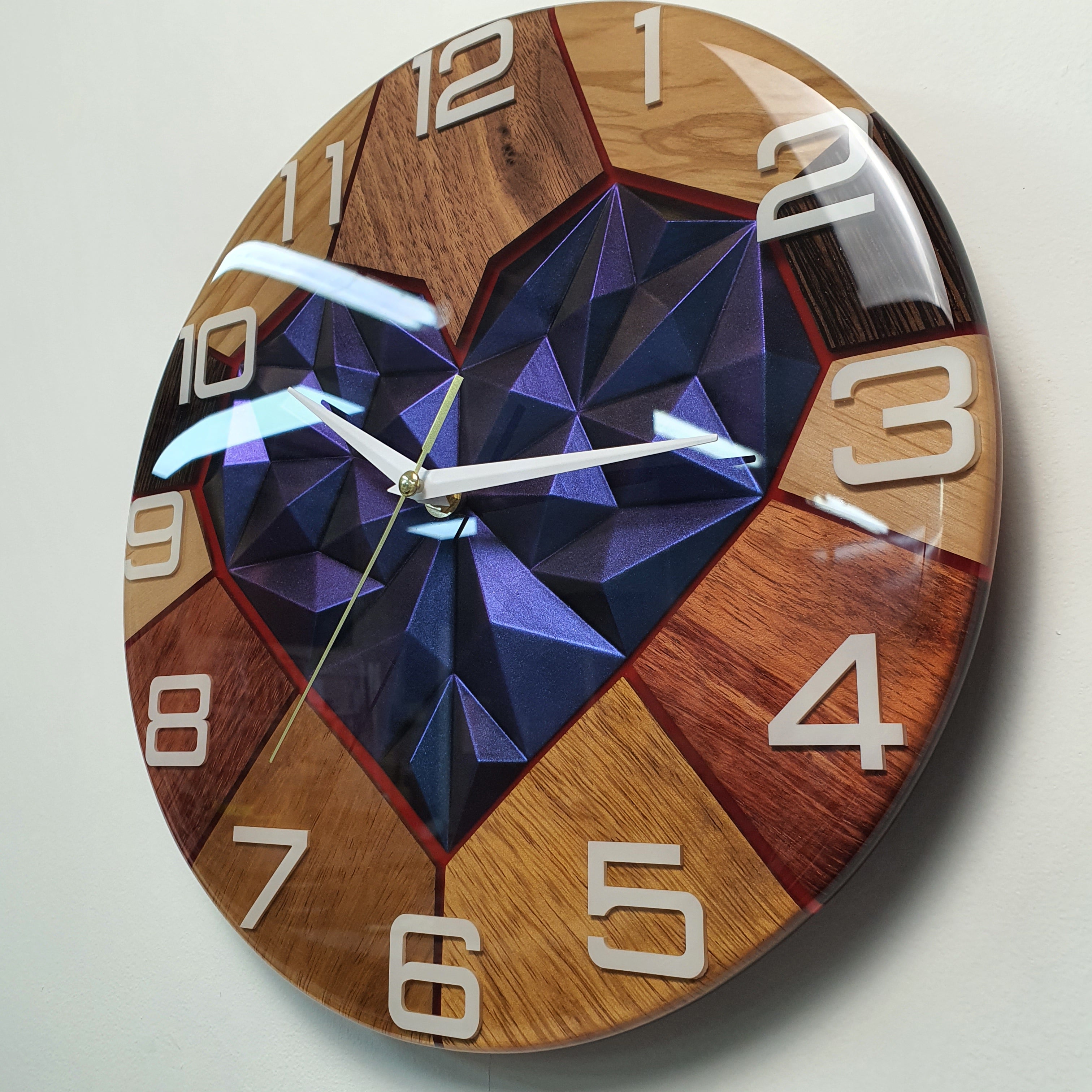 Side view of Wood Line Chameleon Core clock showing depth, resin dome and wood segments