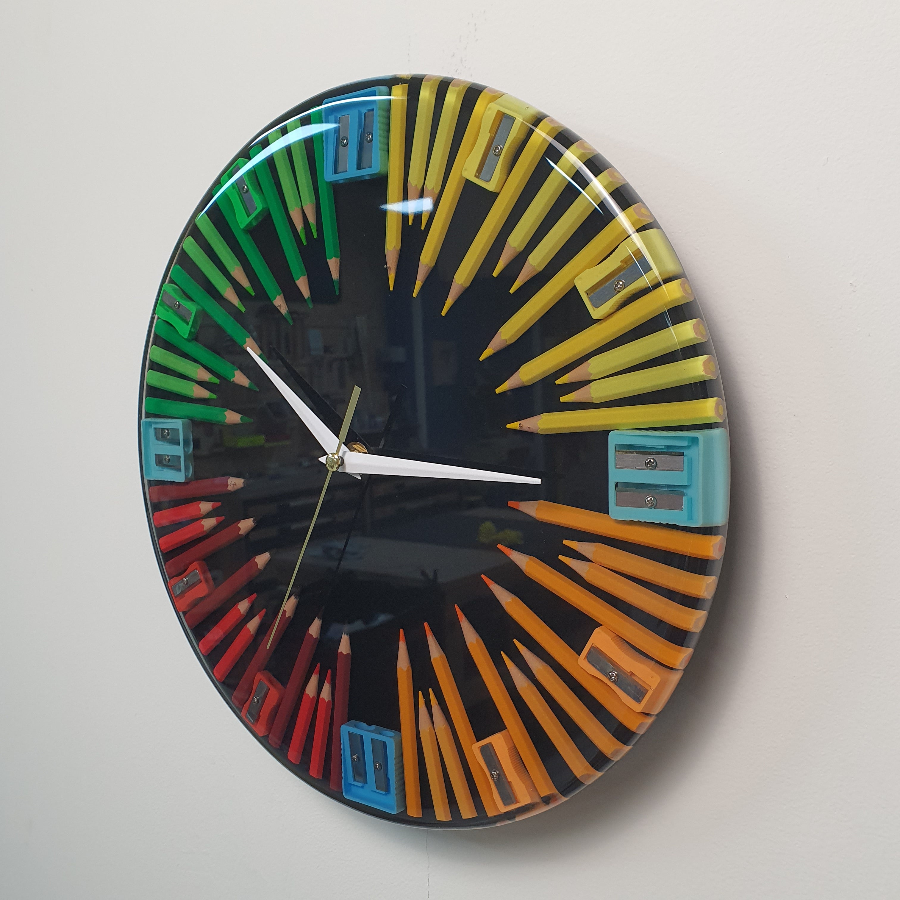Detailed view of Creative Spin clock with dynamic color vortex effect
