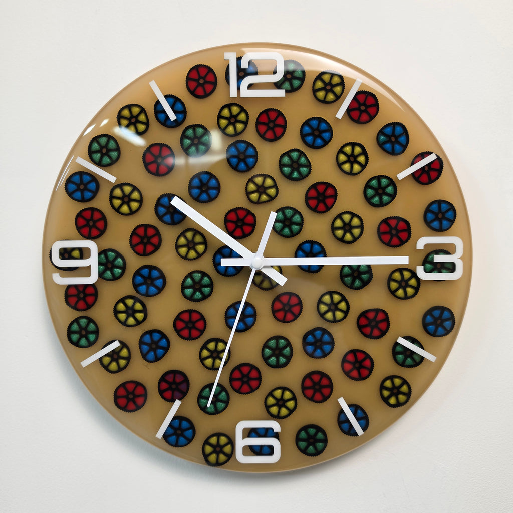 Handmade epoxy resin wall clock with colorful pasta pattern and white plexiglass markers