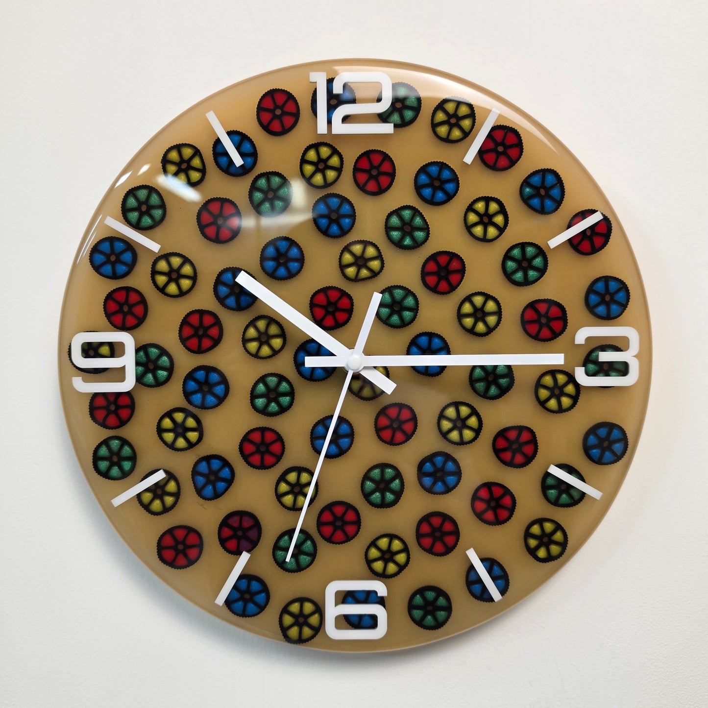 Handmade epoxy resin wall clock with colorful pasta pattern and white plexiglass markers