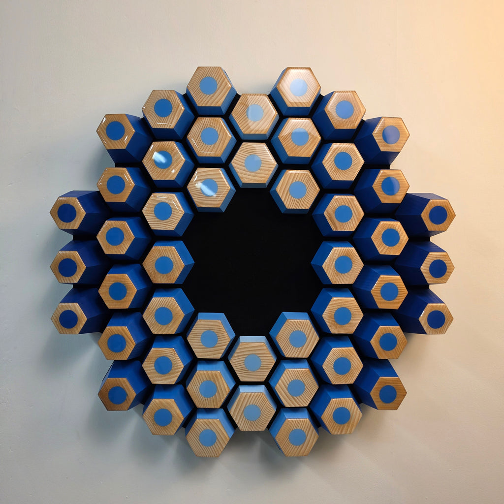 Profondità – Espansione geometric wall sculpture with blue gradient and ultra matte black background