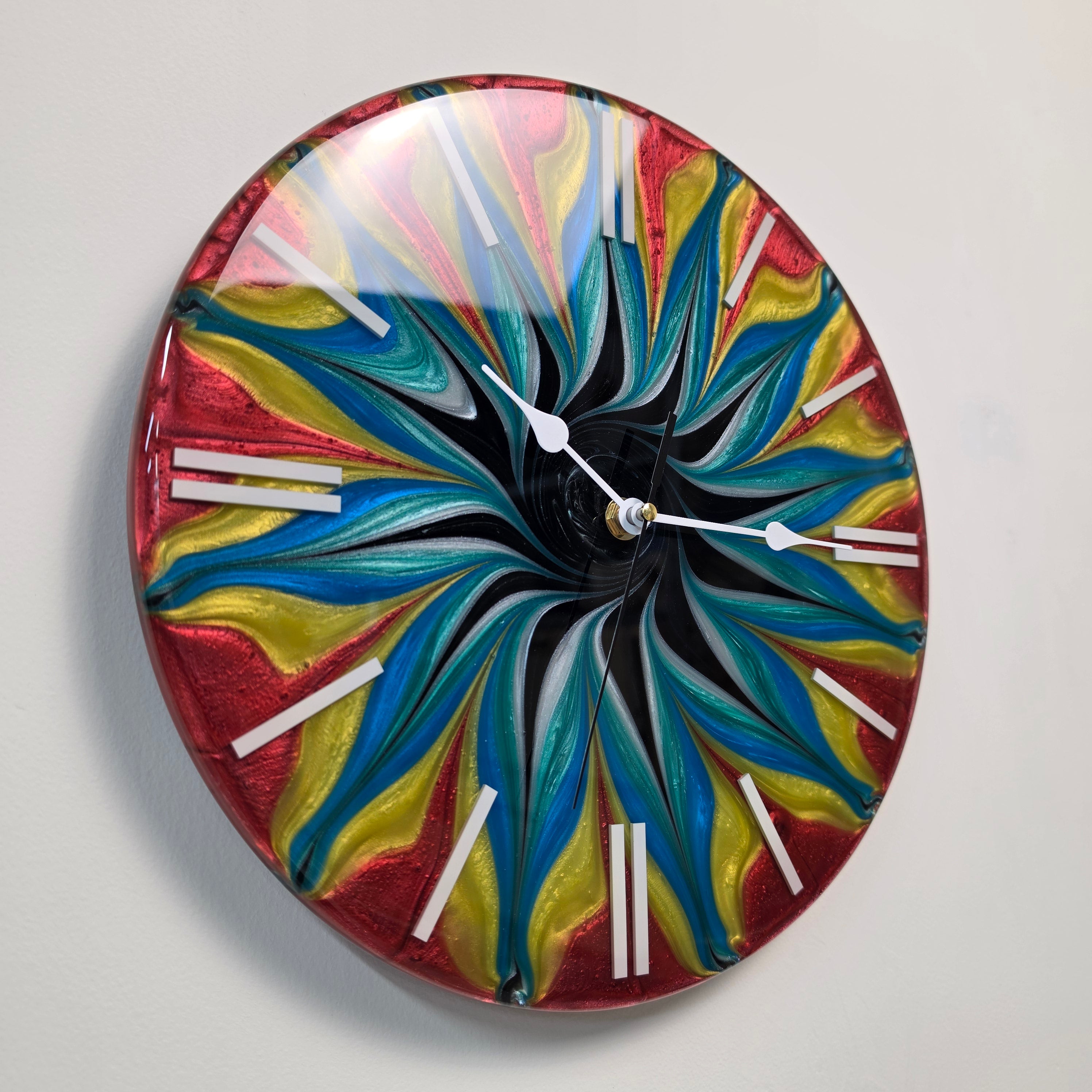 Abstract Time series wall clock created using a unique resin color mixing technique