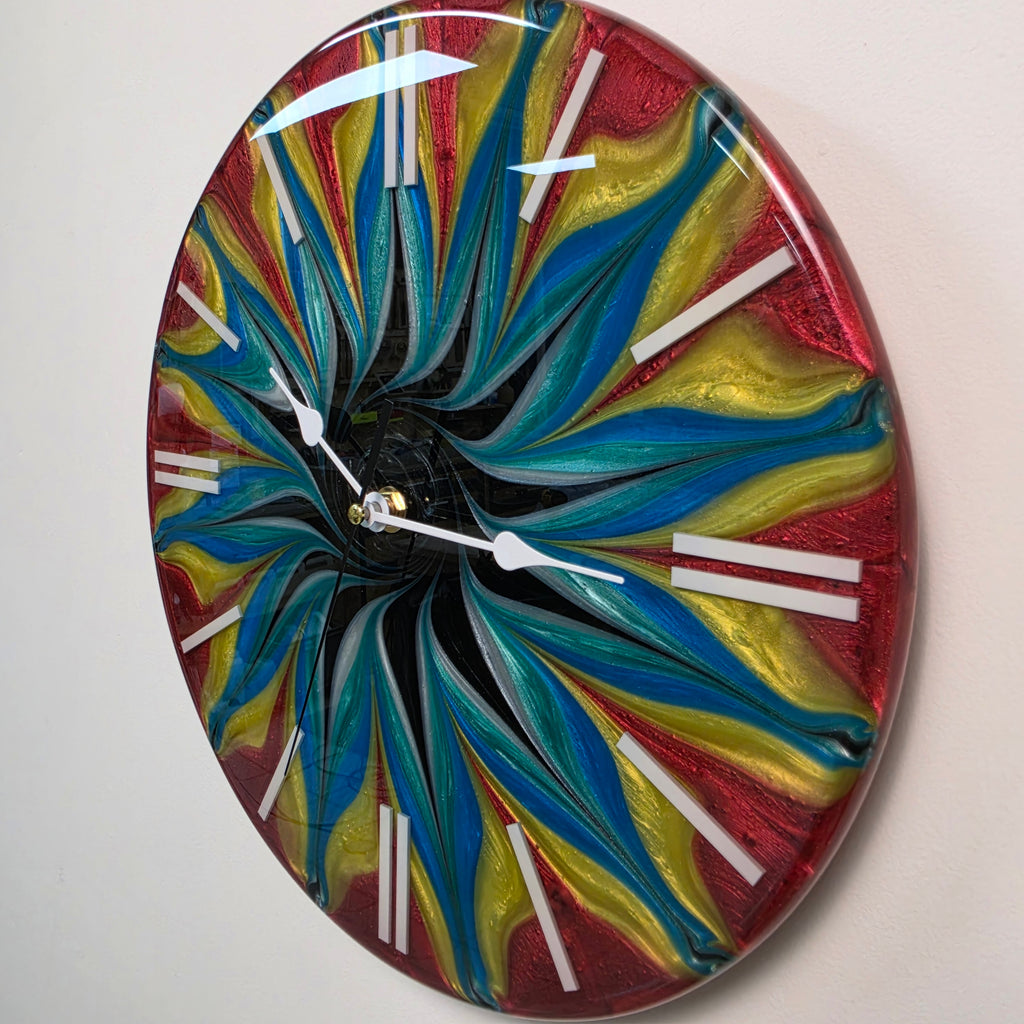 Modern resin art clock with colorful flowing patterns and glossy finish