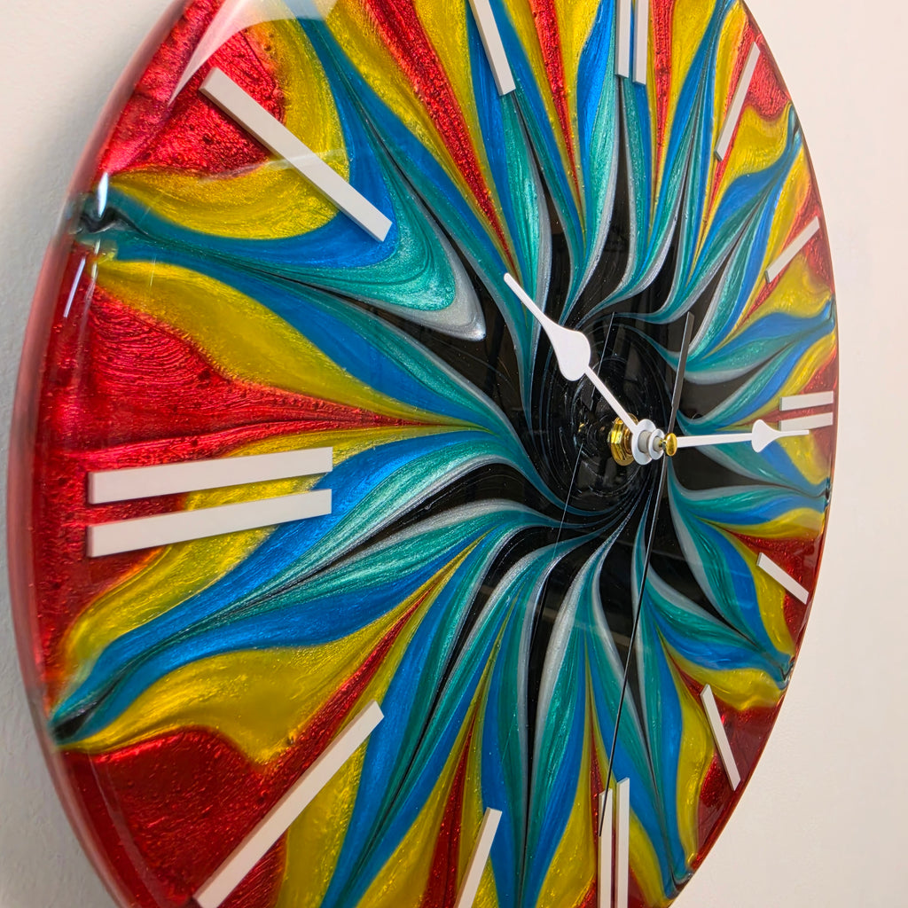 Handmade epoxy resin clock with dynamic vortex design and white plexiglass markers