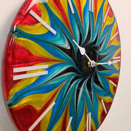 Handmade epoxy resin clock with dynamic vortex design and white plexiglass markers
