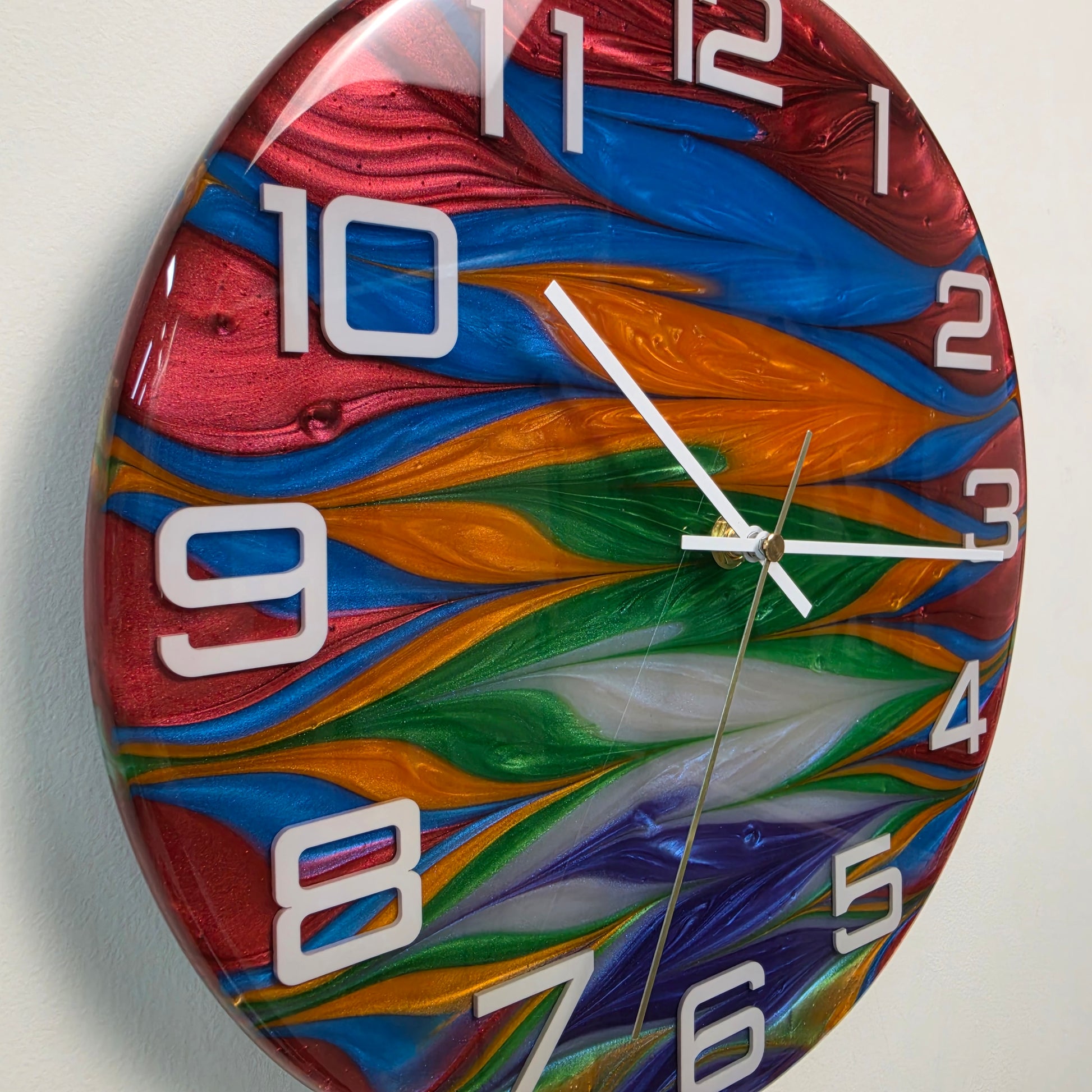 Handmade Abstract Time wall clock featuring original resin color mixing technique