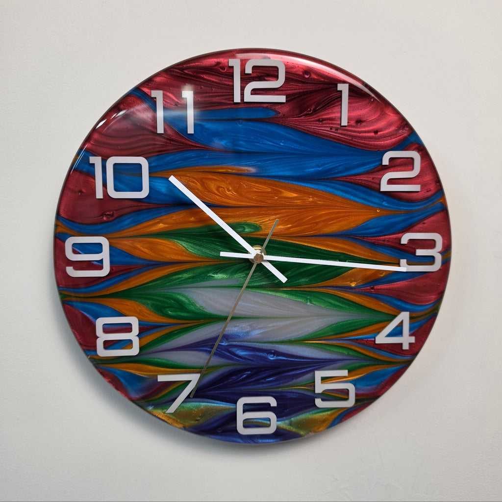 Contemporary handcrafted wall clock with abstract multicolor resin artwork