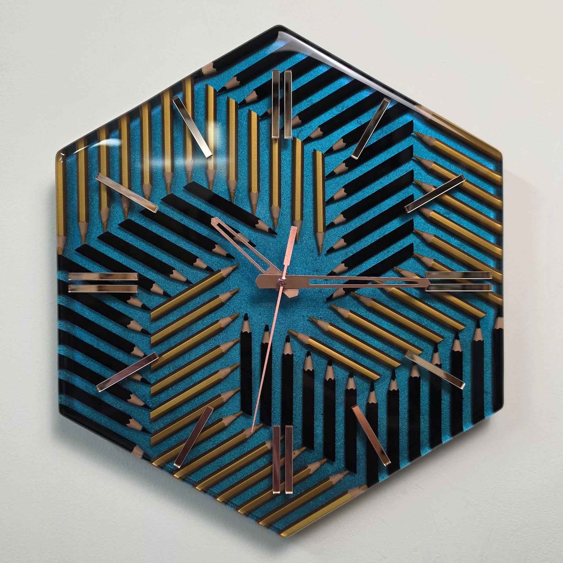 Contemporary artistic clock with colored pencils, glossy resin and mirrored markers