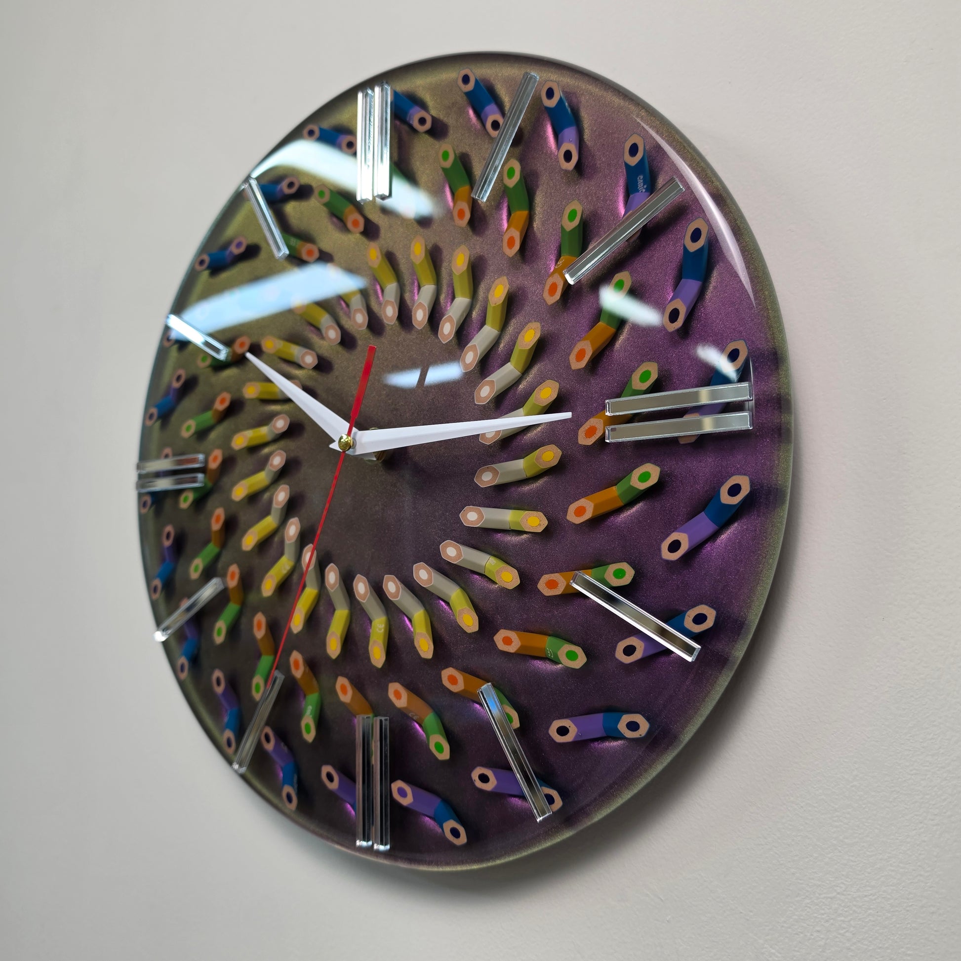 Modern wall clock with chameleon background and mirrored plexiglass markers