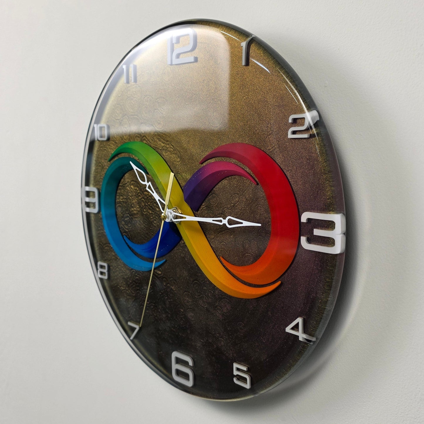 Modern artistic wall clock with rainbow infinity symbol and chameleon effect background