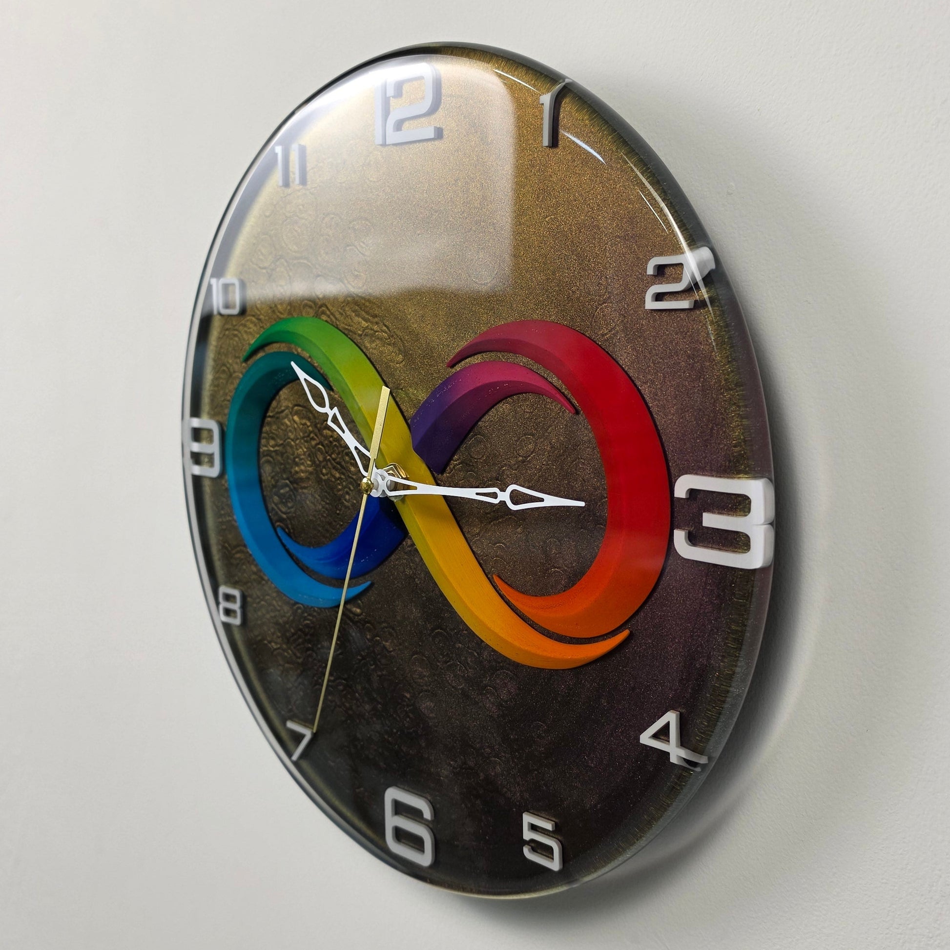 Modern artistic wall clock with rainbow infinity symbol and chameleon effect background