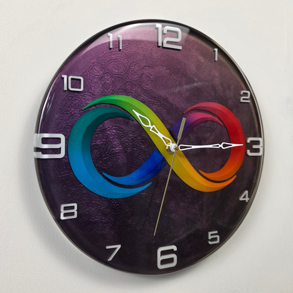 Contemporary handmade wall clock with infinity-inspired centerpiece and metallic purple background