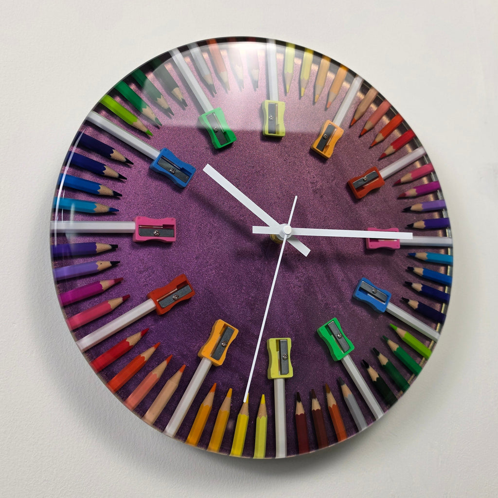 Color Edge wall clock made with colored pencils and pencil shavings in epoxy resin