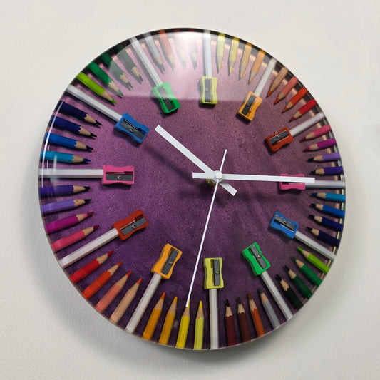 Color Edge wall clock made with colored pencils and pencil shavings in epoxy resin