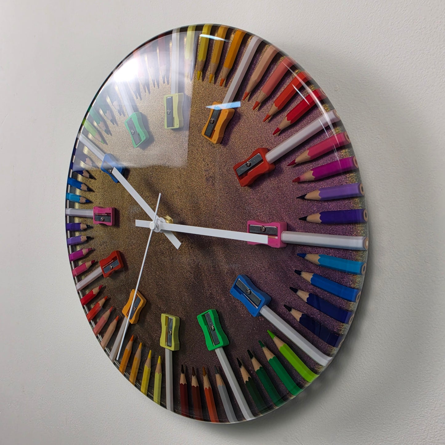 Unique Studio Colors wall clock with chameleon background and artistic pencil composition
