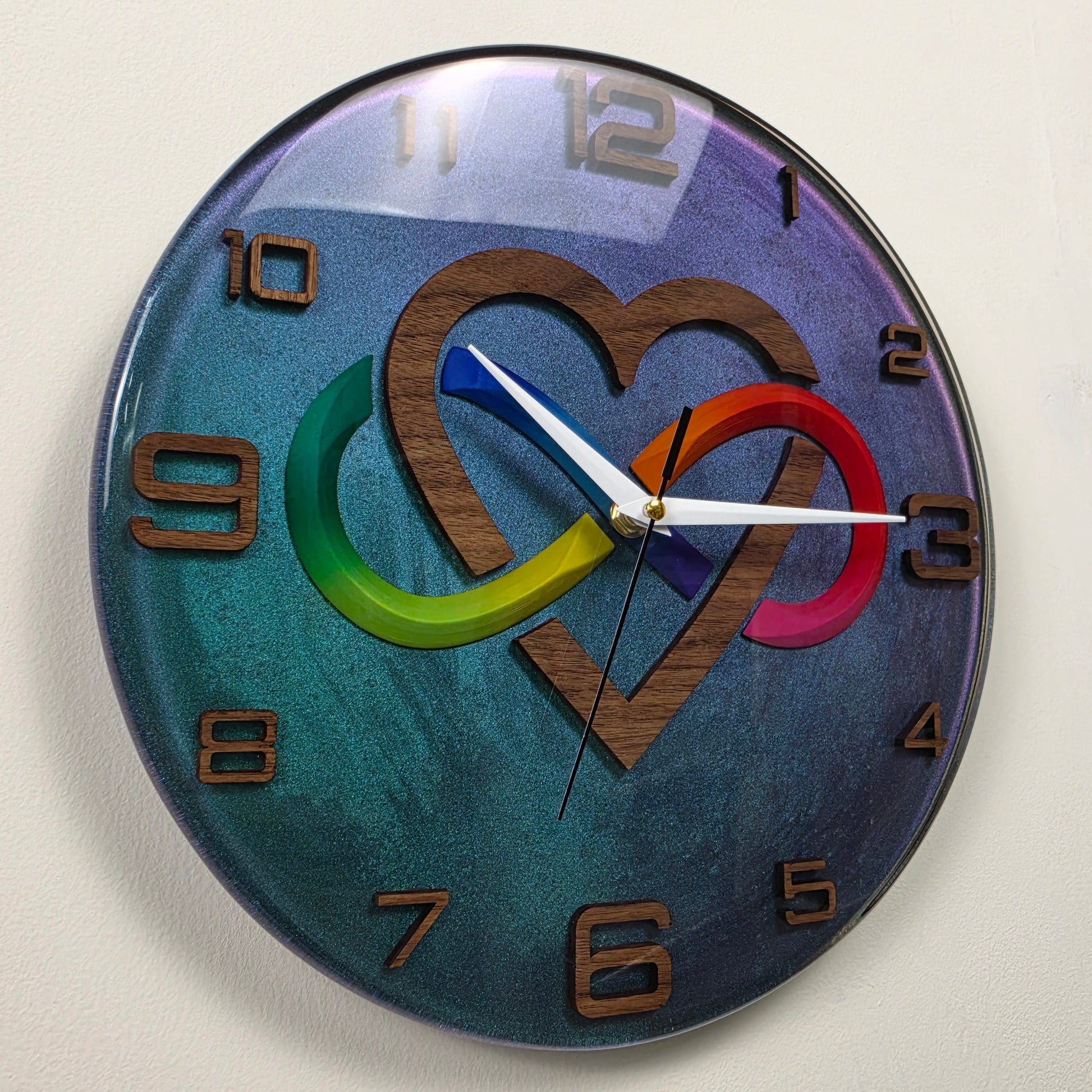 Timeless Symbols Infinite Love handmade wall clock with infinity symbol and walnut heart, handcrafted functional art made in Italy