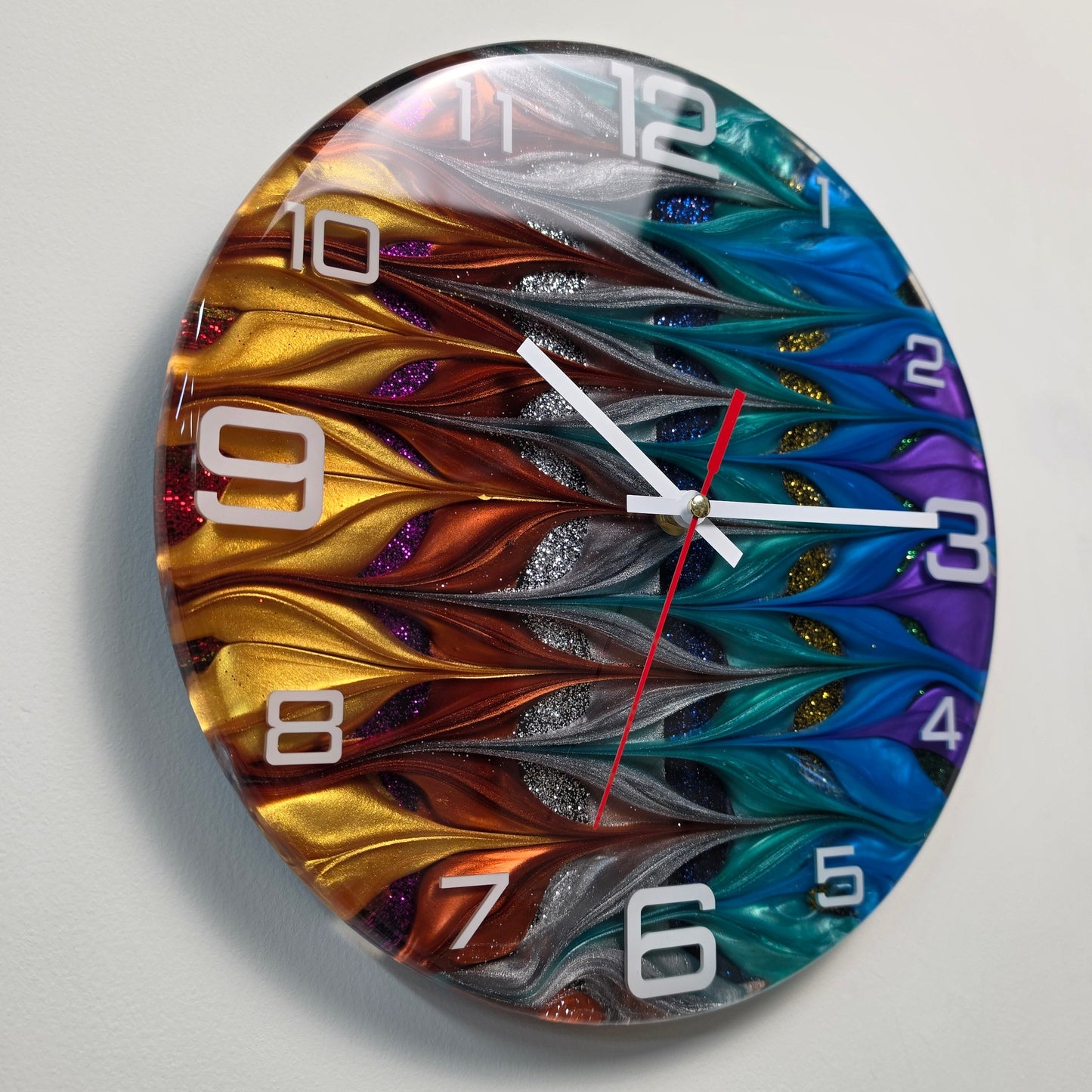 Flow of Light handmade abstract resin wall clock with shimmering pigments and white acrylic numerals