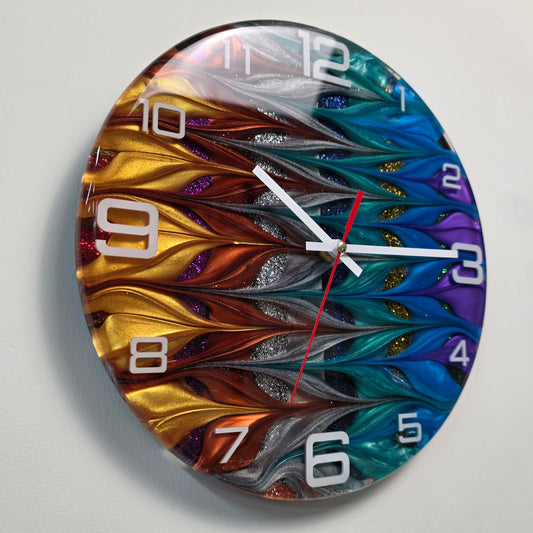 Flow of Light handmade abstract resin wall clock with shimmering pigments and white acrylic numerals