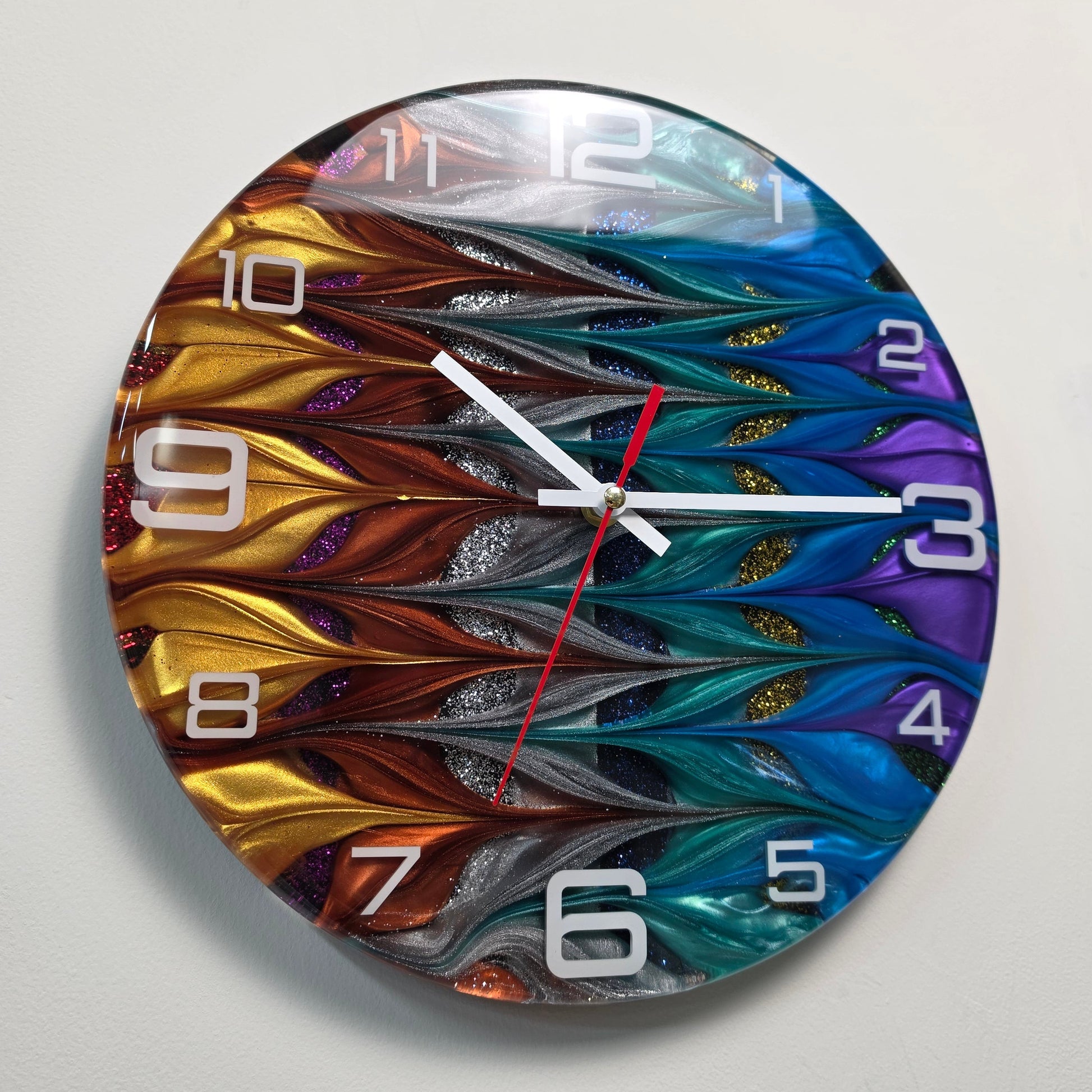 Luxury handmade epoxy resin wall clock with original color-blending technique and sparkling metallic pigments