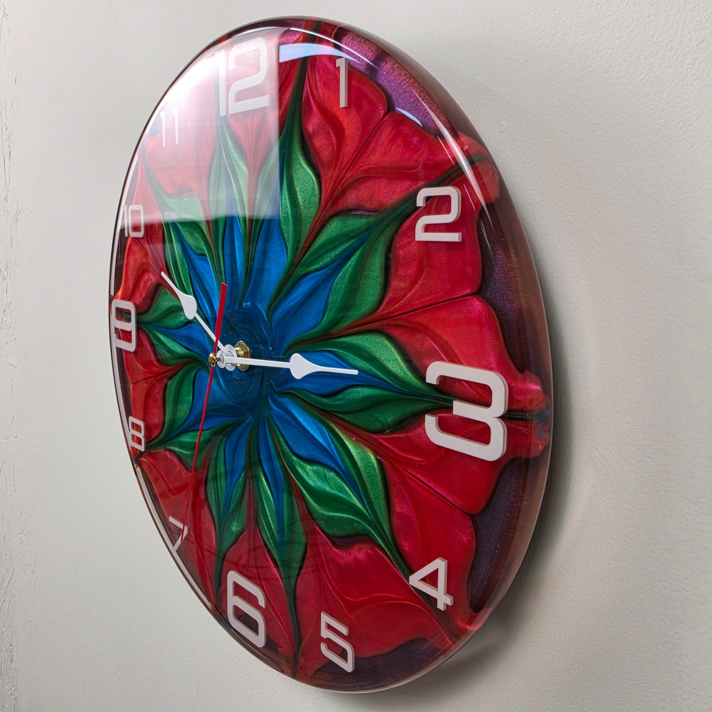 Modern functional art wall clock with vibrant abstract epoxy resin design, handmade in Italy