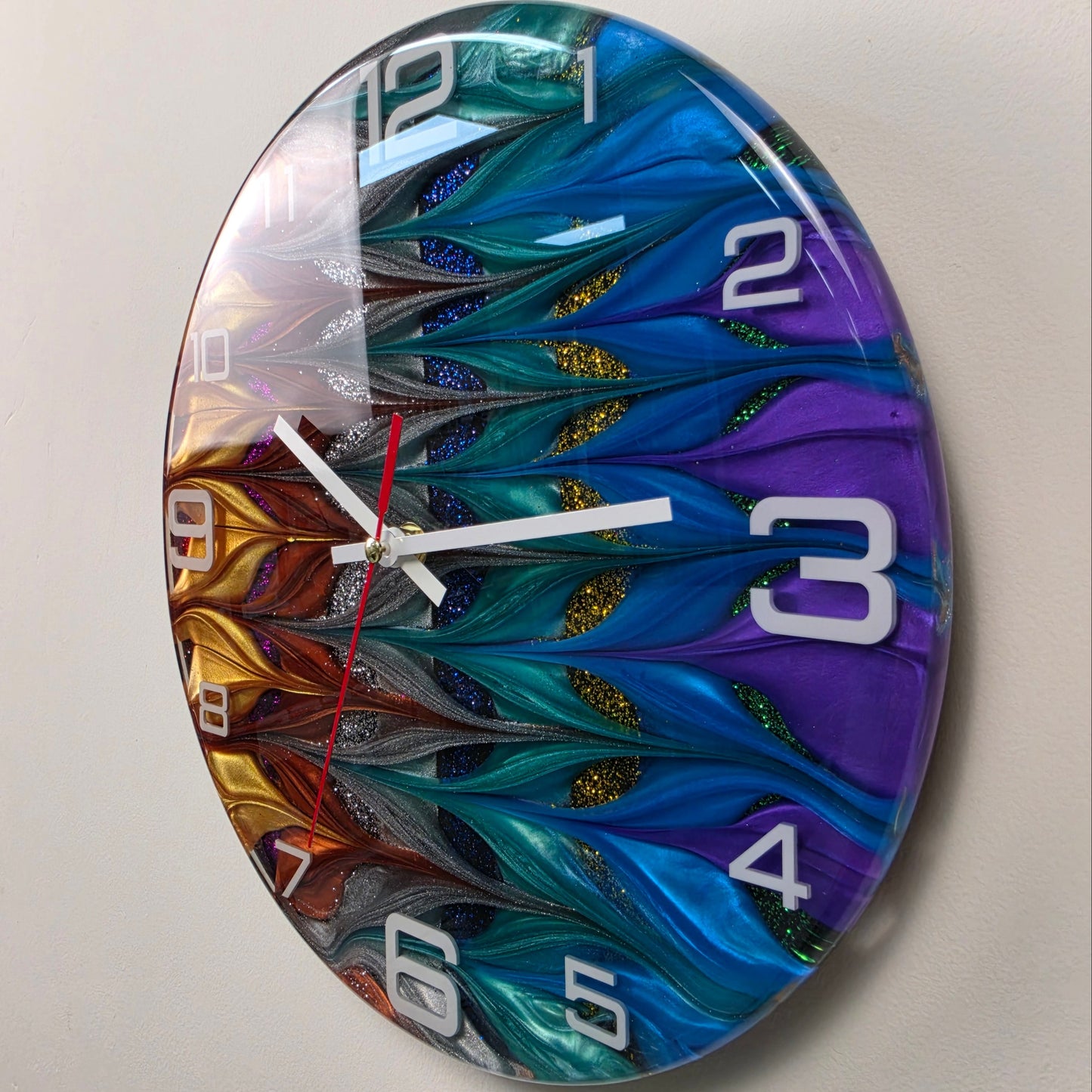 Modern functional art wall clock with gold, copper, silver and turquoise resin design, handmade in Italy