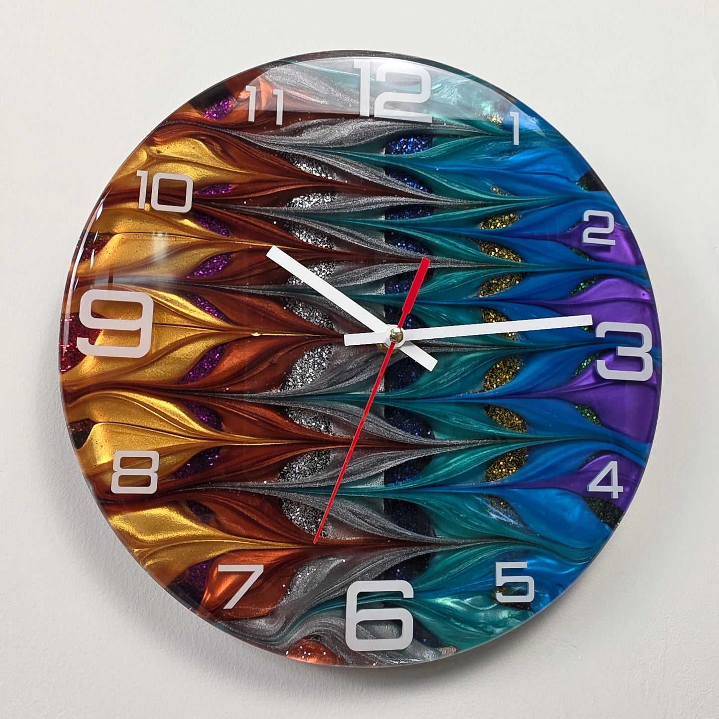 Artistic handmade wall clock from the Abstract Time collection featuring shimmering pigments and dynamic resin patterns