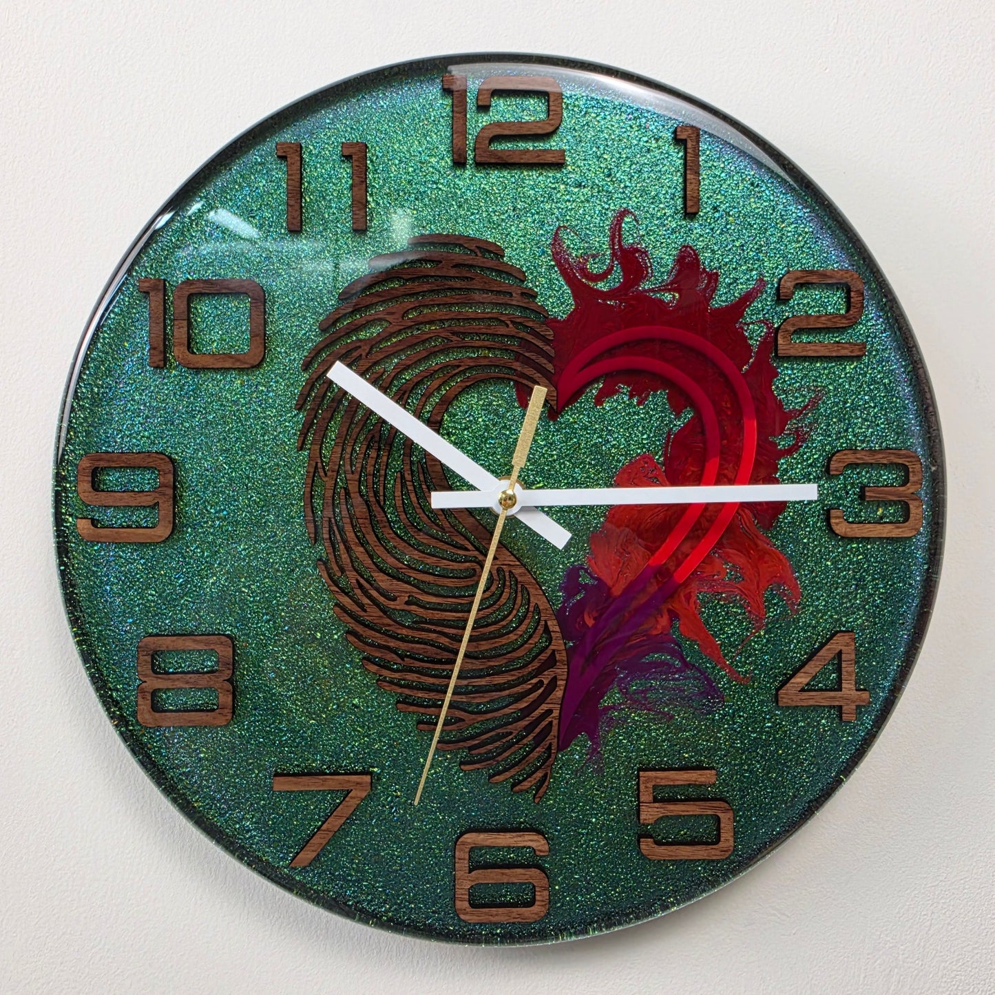 Luxury contemporary resin clock handcrafted in Italy with Black Walnut details and symbolic heart design V2